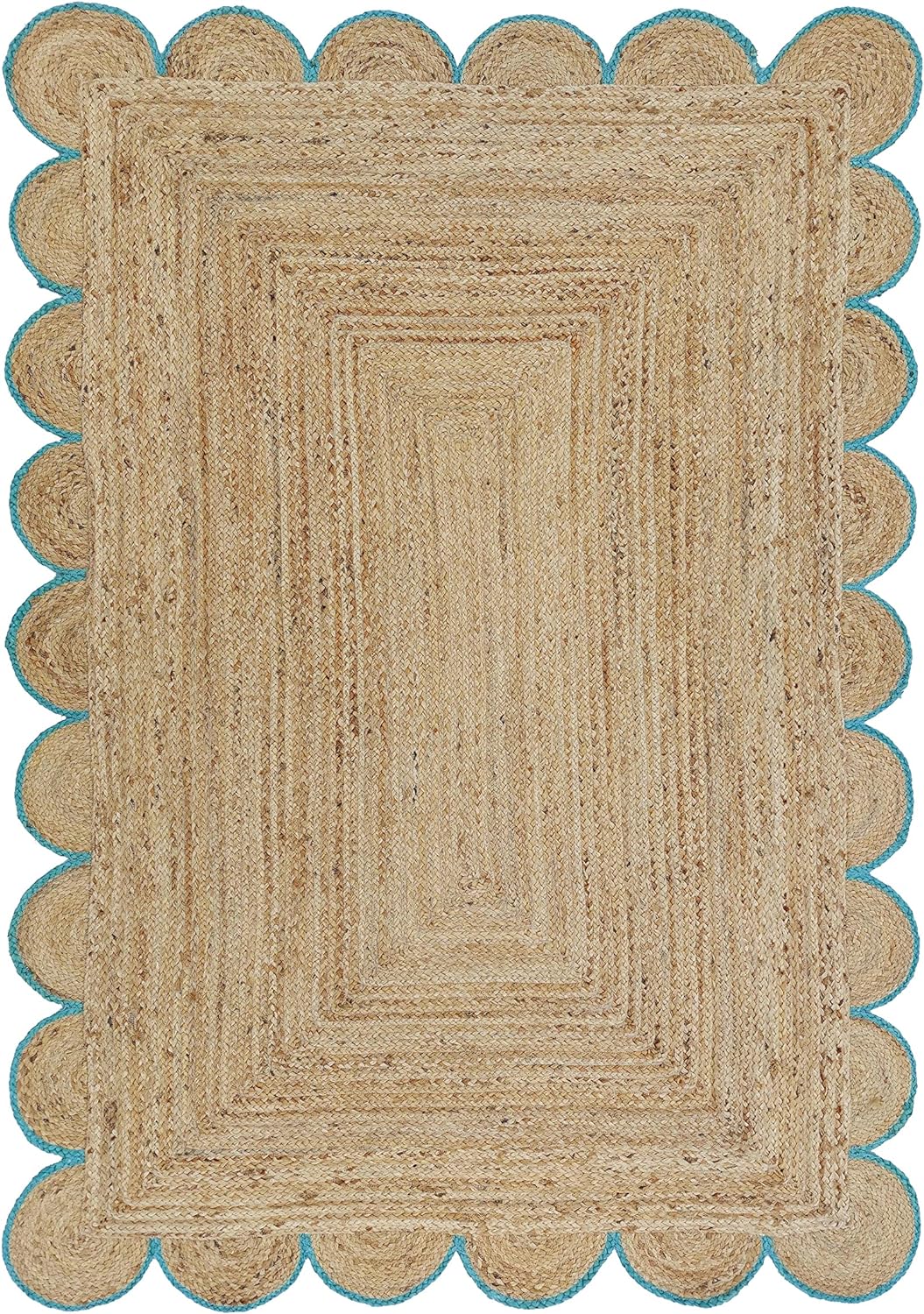 Sky Blue Scalloped Jute Rug, Natural Jute Rug, Sky Blue Jute Rug, Blue Braided Jute Rug