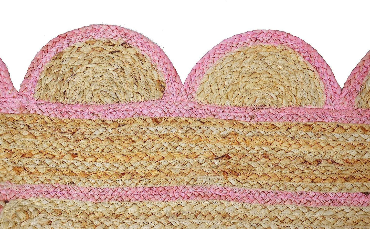 Pink Scalloped Jute Rug, Natural Jute Rug, Pink Jute Rug, Pink Braided Jute Rug, Jute Bedroom Rug