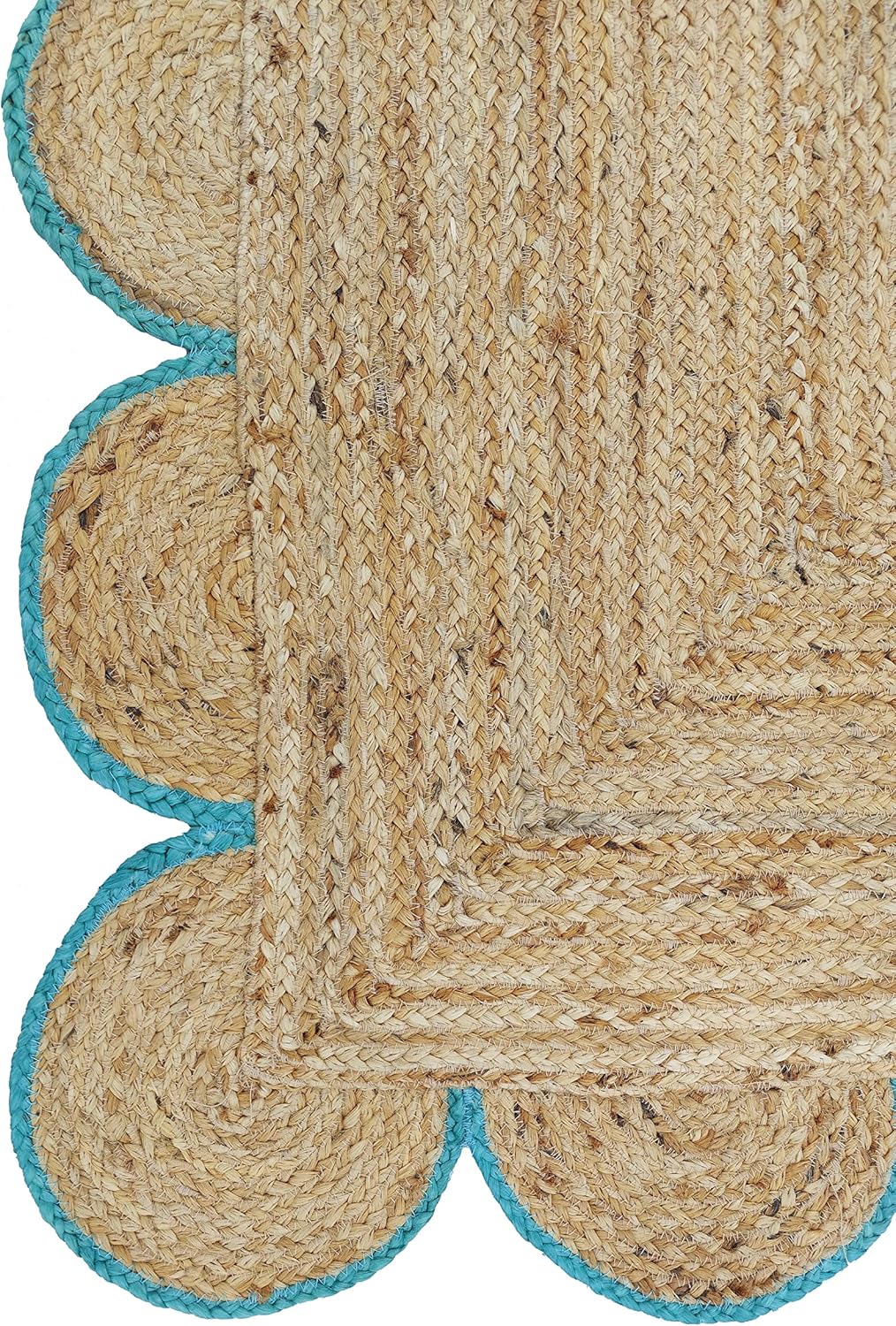 Sky Blue Scalloped Jute Rug, Natural Jute Rug, Sky Blue Jute Rug, Blue Braided Jute Rug