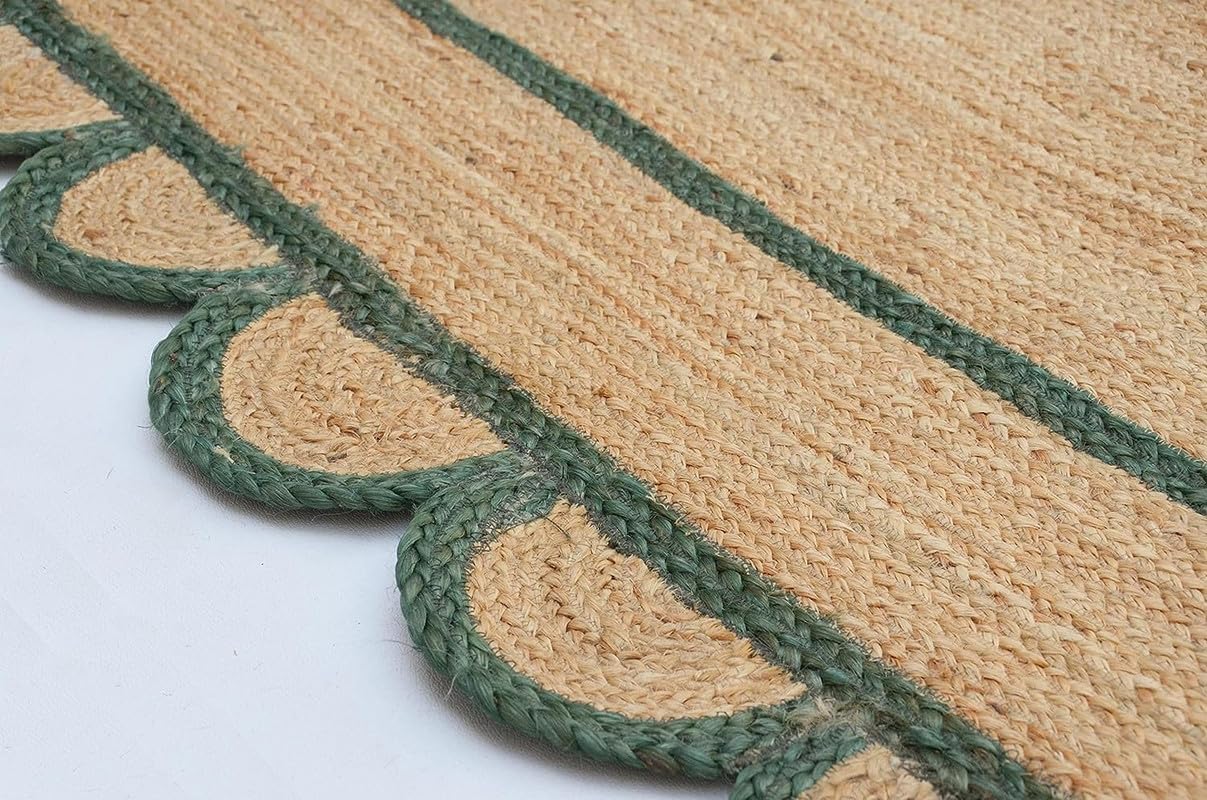 Green Scalloped Jute Rug, Green Scallop Rug, Natural Jute Rug, Jute Area Rug, Boho Jute Rug, Green Jute Rug