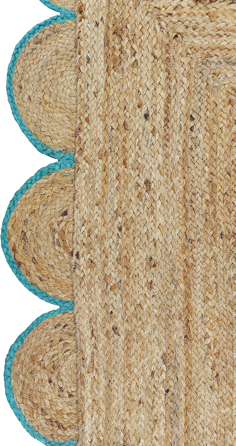 Sky Blue Scalloped Jute Rug, Natural Jute Rug, Sky Blue Jute Rug, Blue Braided Jute Rug