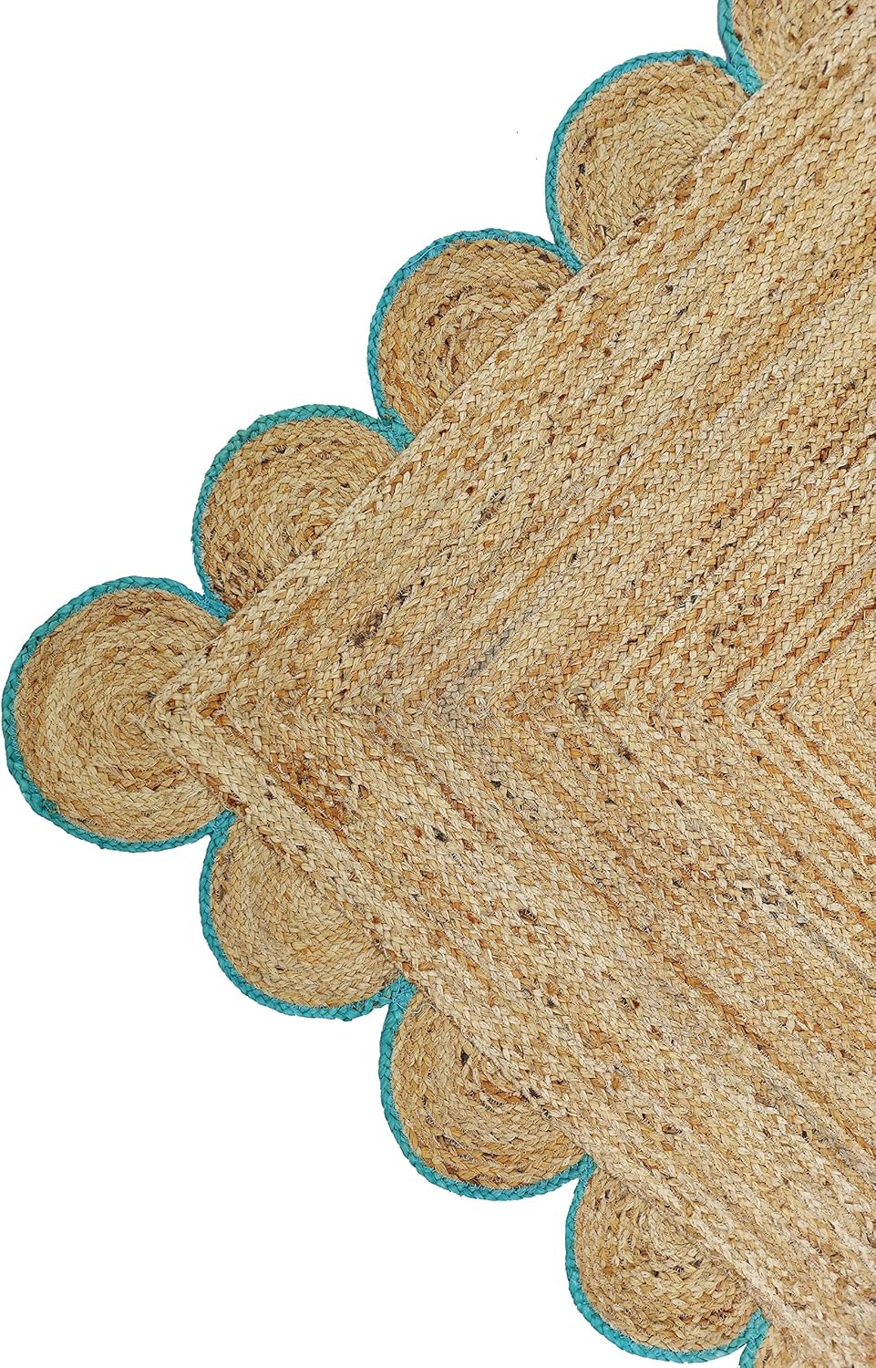 Sky Blue Scalloped Jute Rug, Natural Jute Rug, Sky Blue Jute Rug, Blue Braided Jute Rug