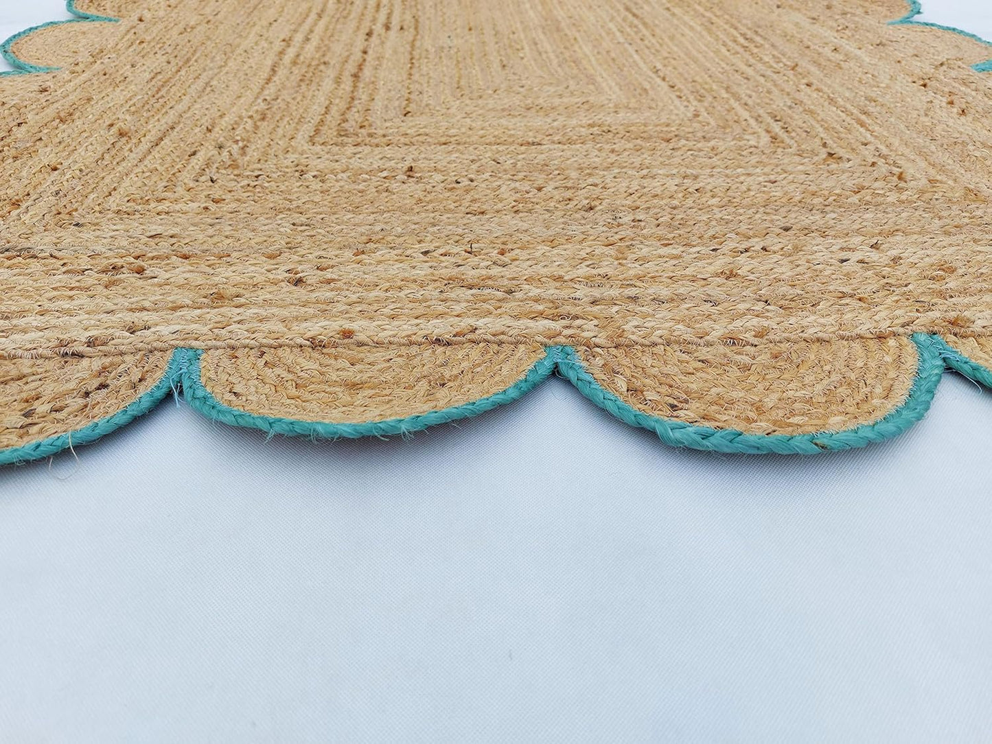 Sky Blue Scalloped Jute Rug, Natural Jute Rug, Sky Blue Jute Rug, Blue Braided Jute Rug