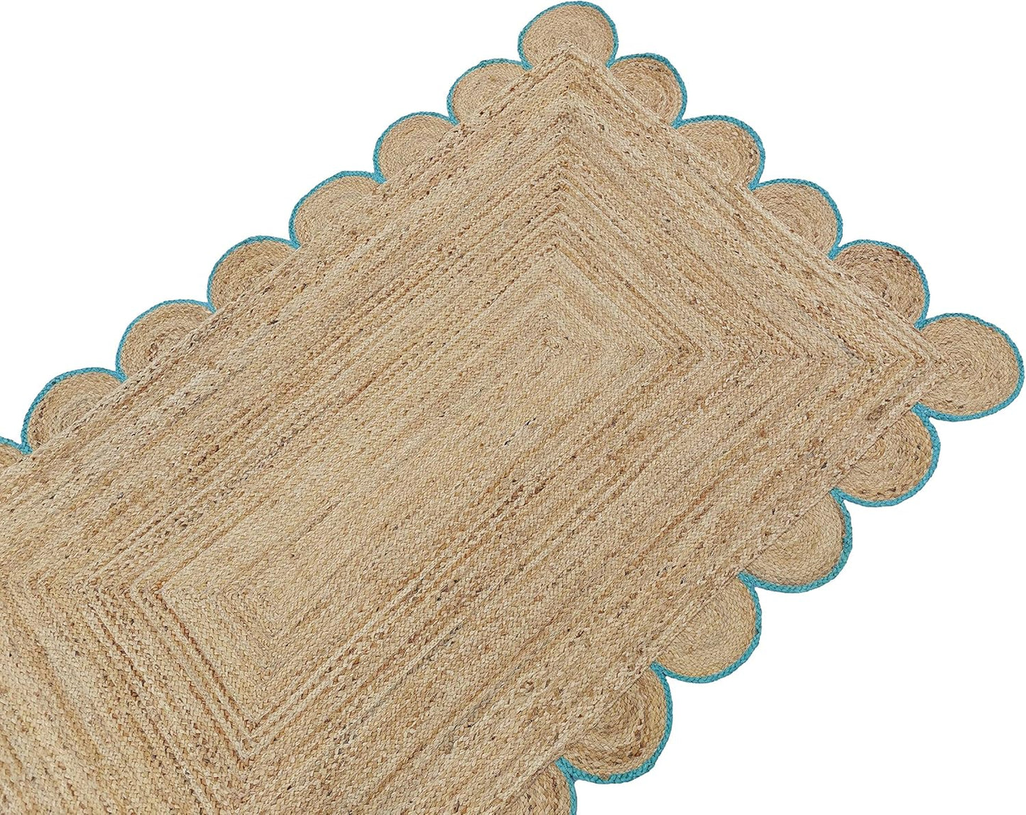 Sky Blue Scalloped Jute Rug, Natural Jute Rug, Sky Blue Jute Rug, Blue Braided Jute Rug