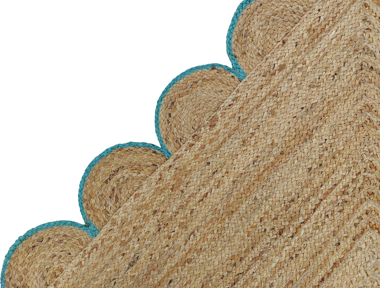Sky Blue Scalloped Jute Rug, Natural Jute Rug, Sky Blue Jute Rug, Blue Braided Jute Rug