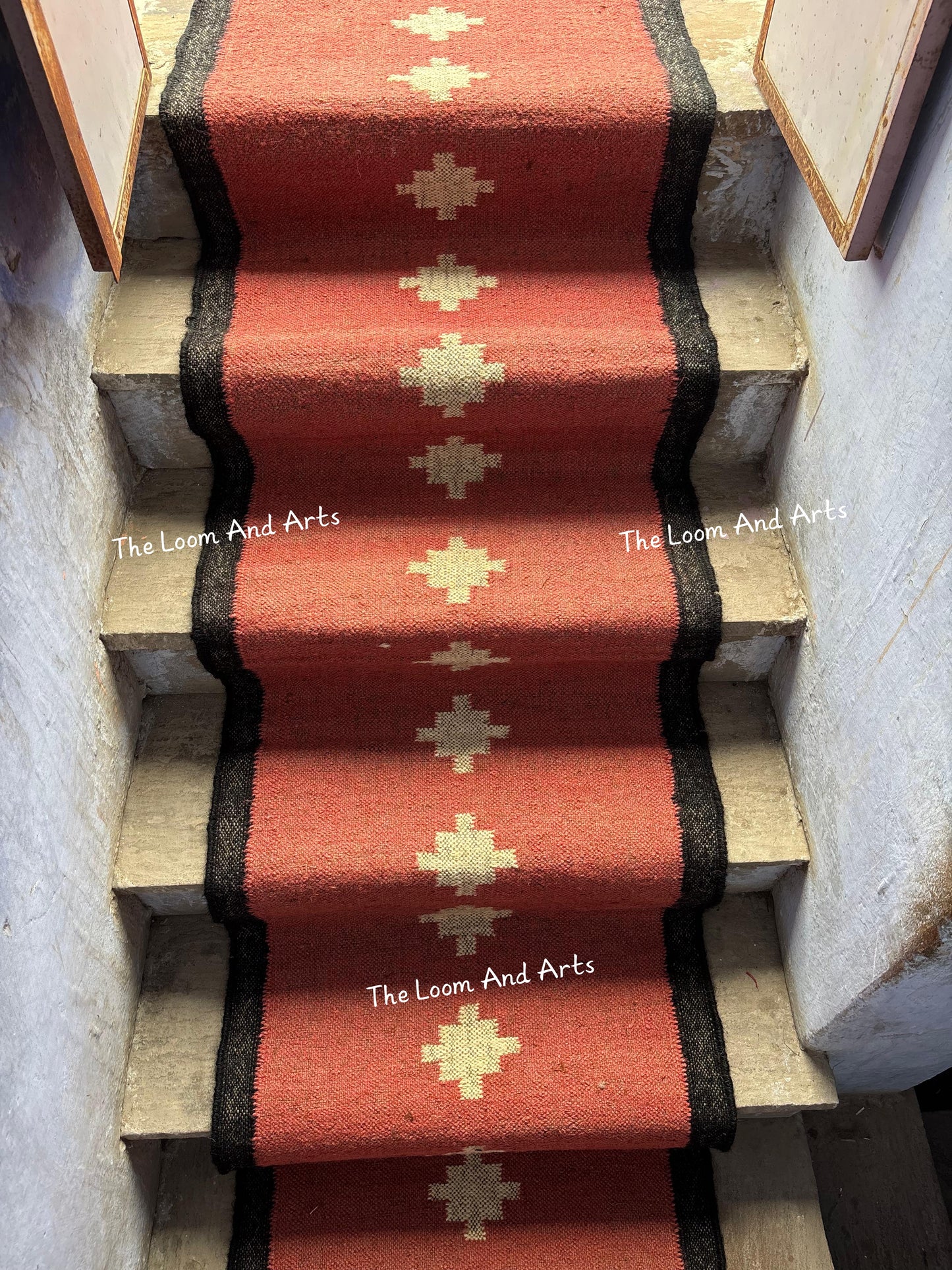 Red Jute Stair Runner, Staircase Runner Rug, Floral Stair Runner