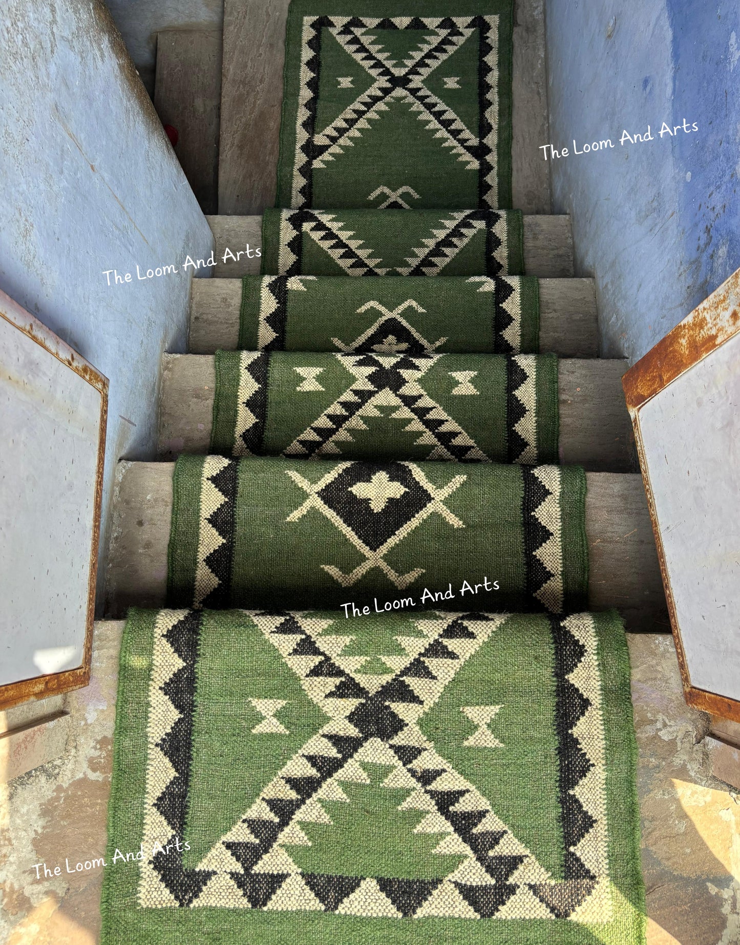 Green Jute Stair Runner, Staircase Runner Rug, Tribal Stair Runner