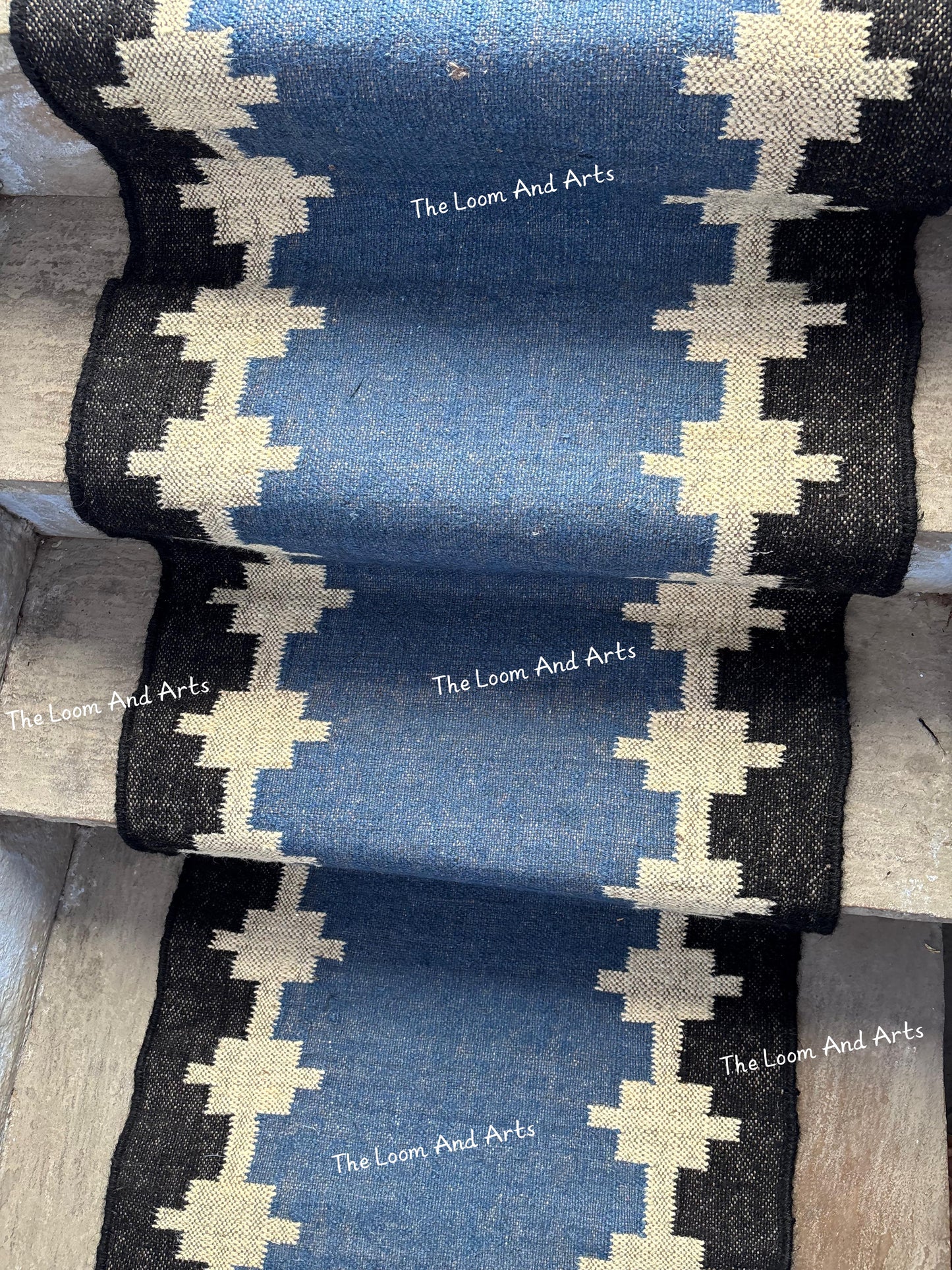 Blue Jute Stair Runner, Staircase Runner Rug, Floral Stair Runner