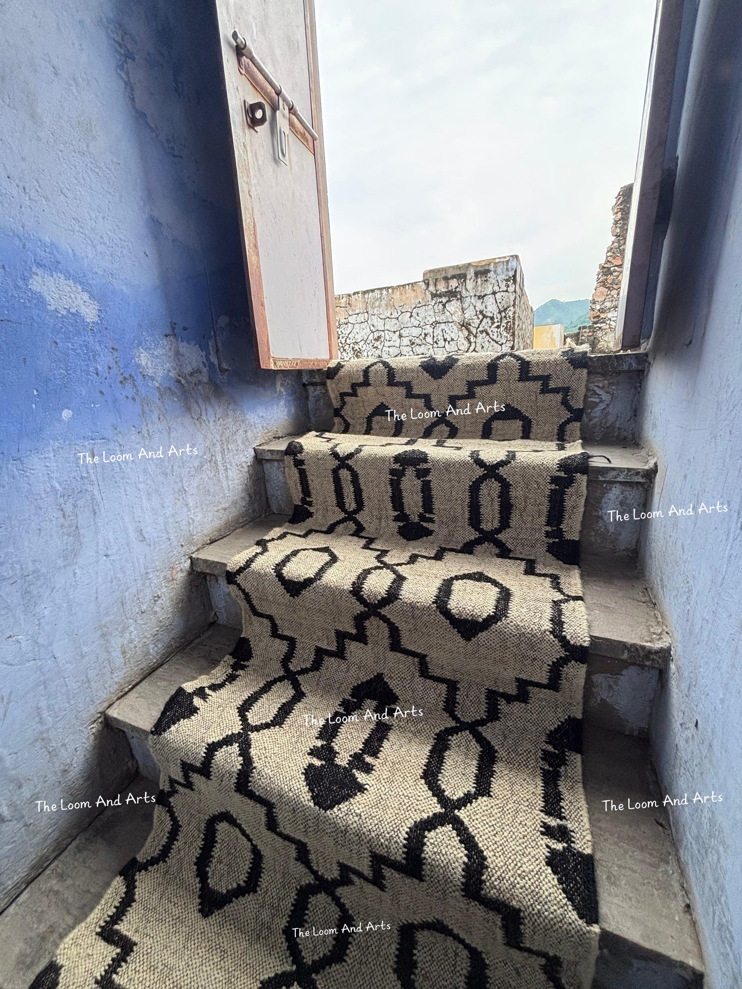 Jute Stair Runner, Black Staircase Rug, Floral Stair Rug