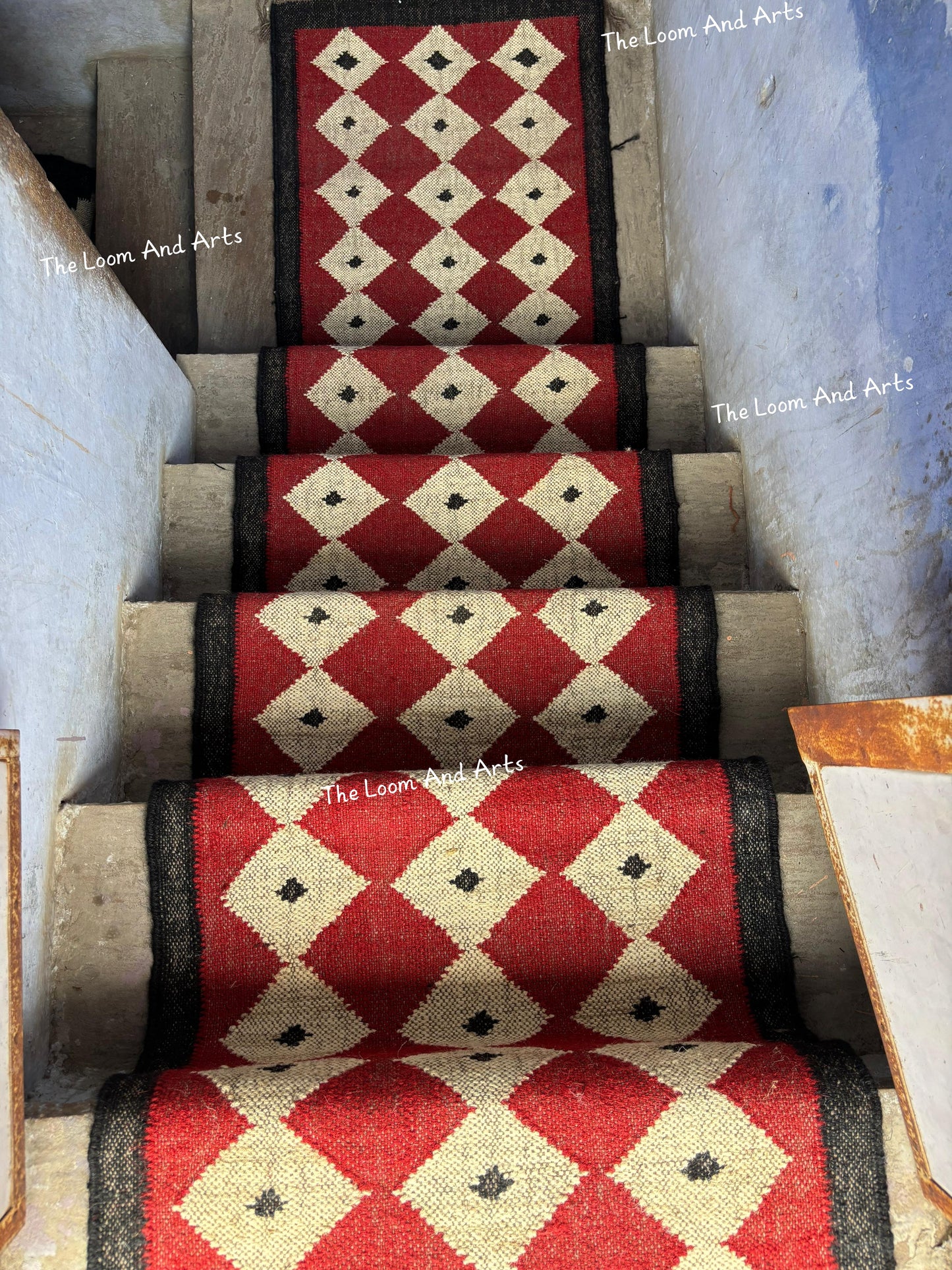 Red Jute Stair Runner, Staircase Runner Rug, Floral Stair Runner