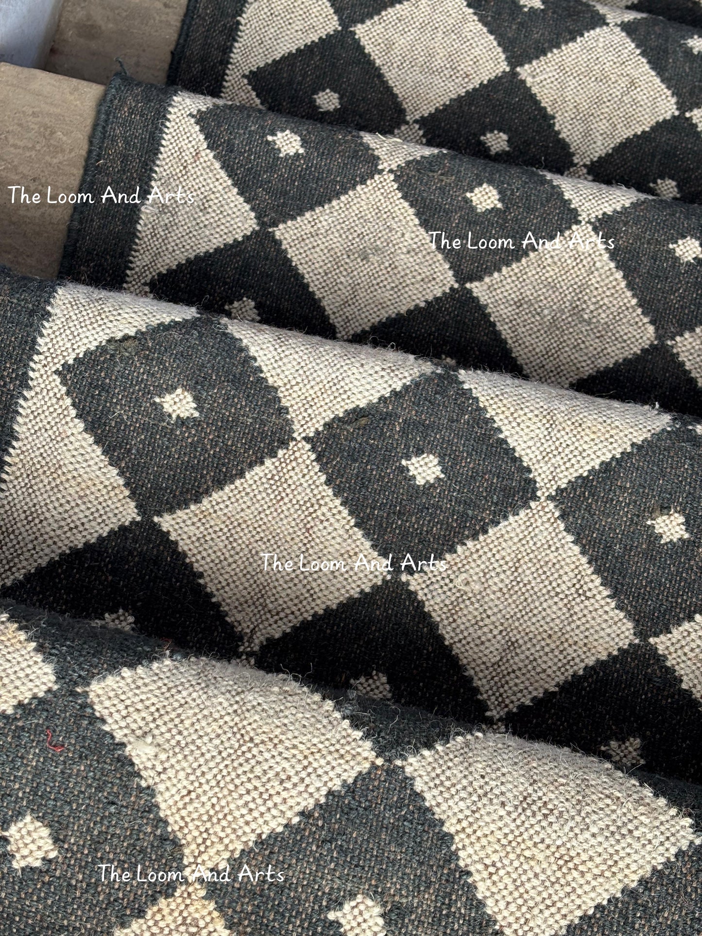 Black And White Jute Stair Runner, Modern Stair Runner, Floral Stair Rug