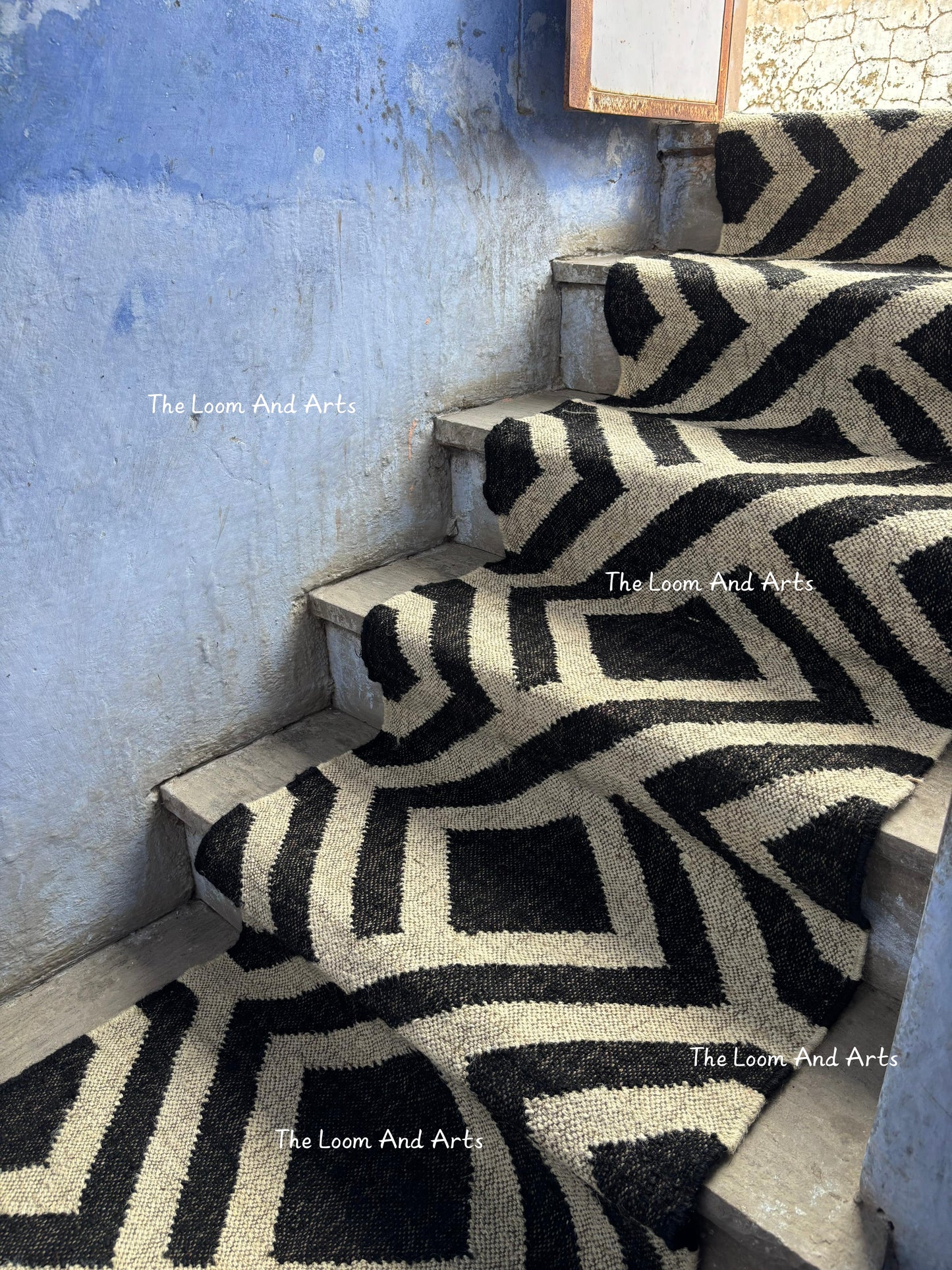 Black And White Jute Stair Runner, Modern Stair Runner, Floral Stair Rug