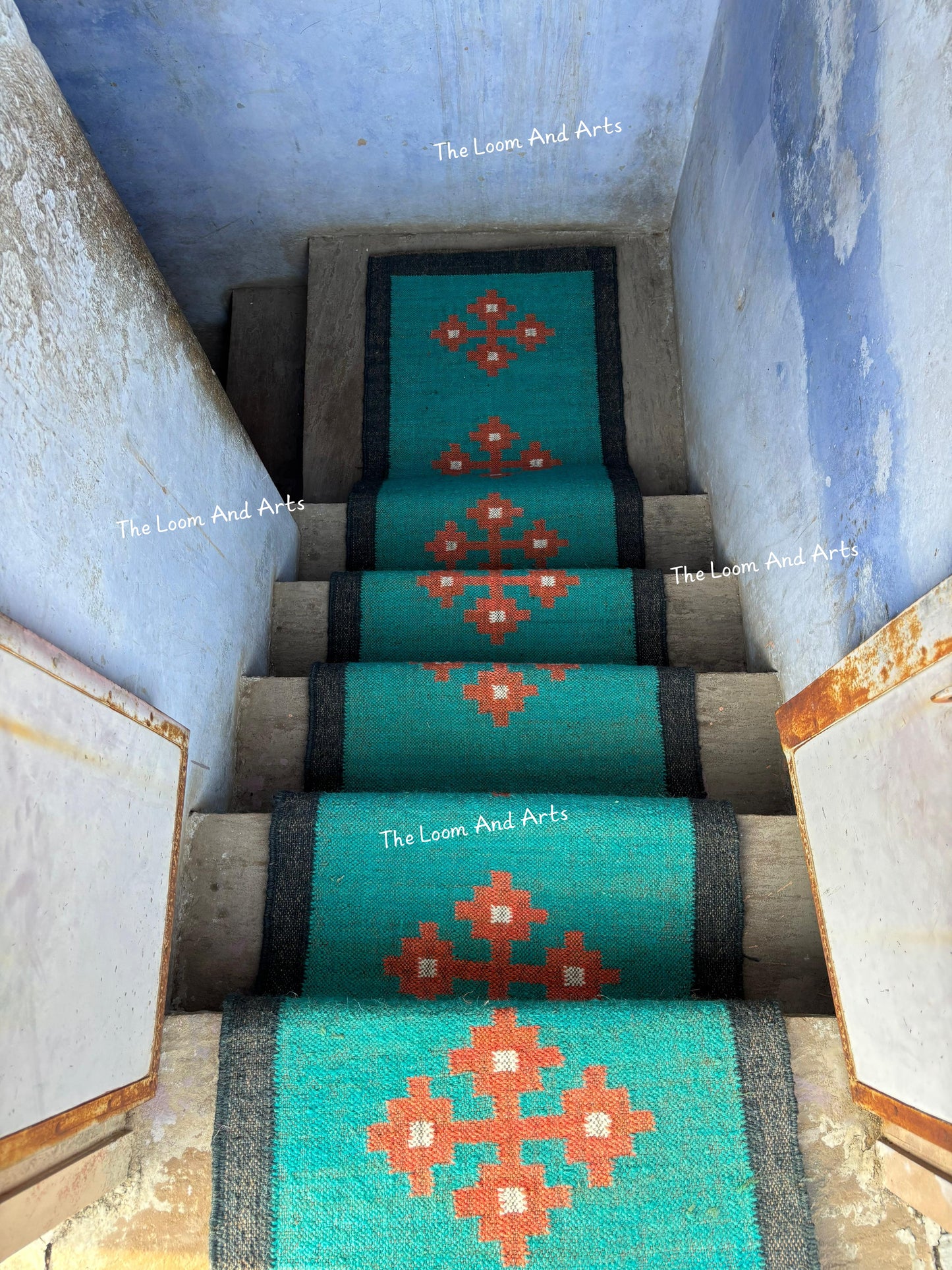 Sky Blue Jute Stair Runner, Staircase Runner Rug, Floral Stair Runner