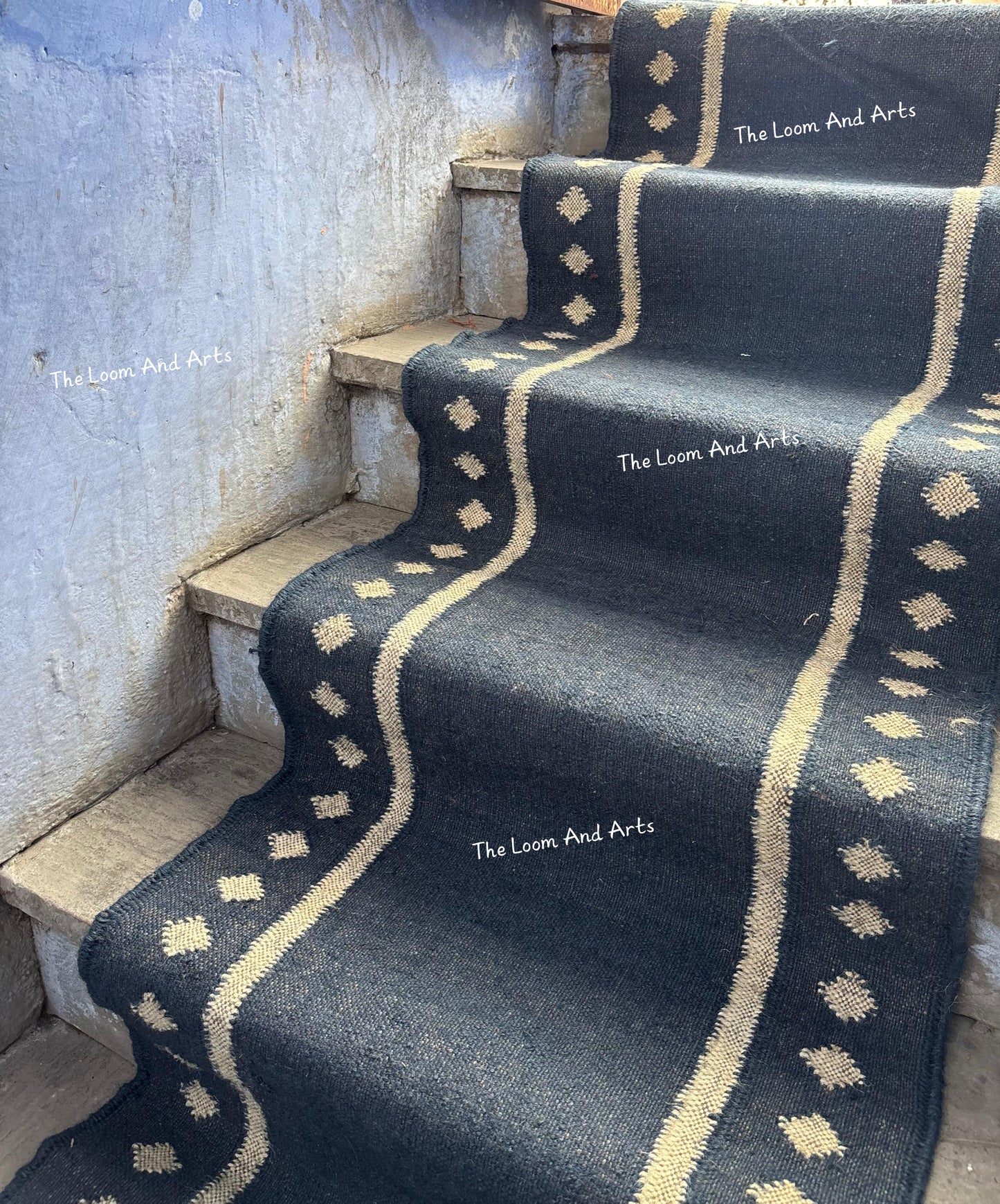 Navy Blue Jute Stair Runner, Staircase Runner Rug, Floral Stair Runner
