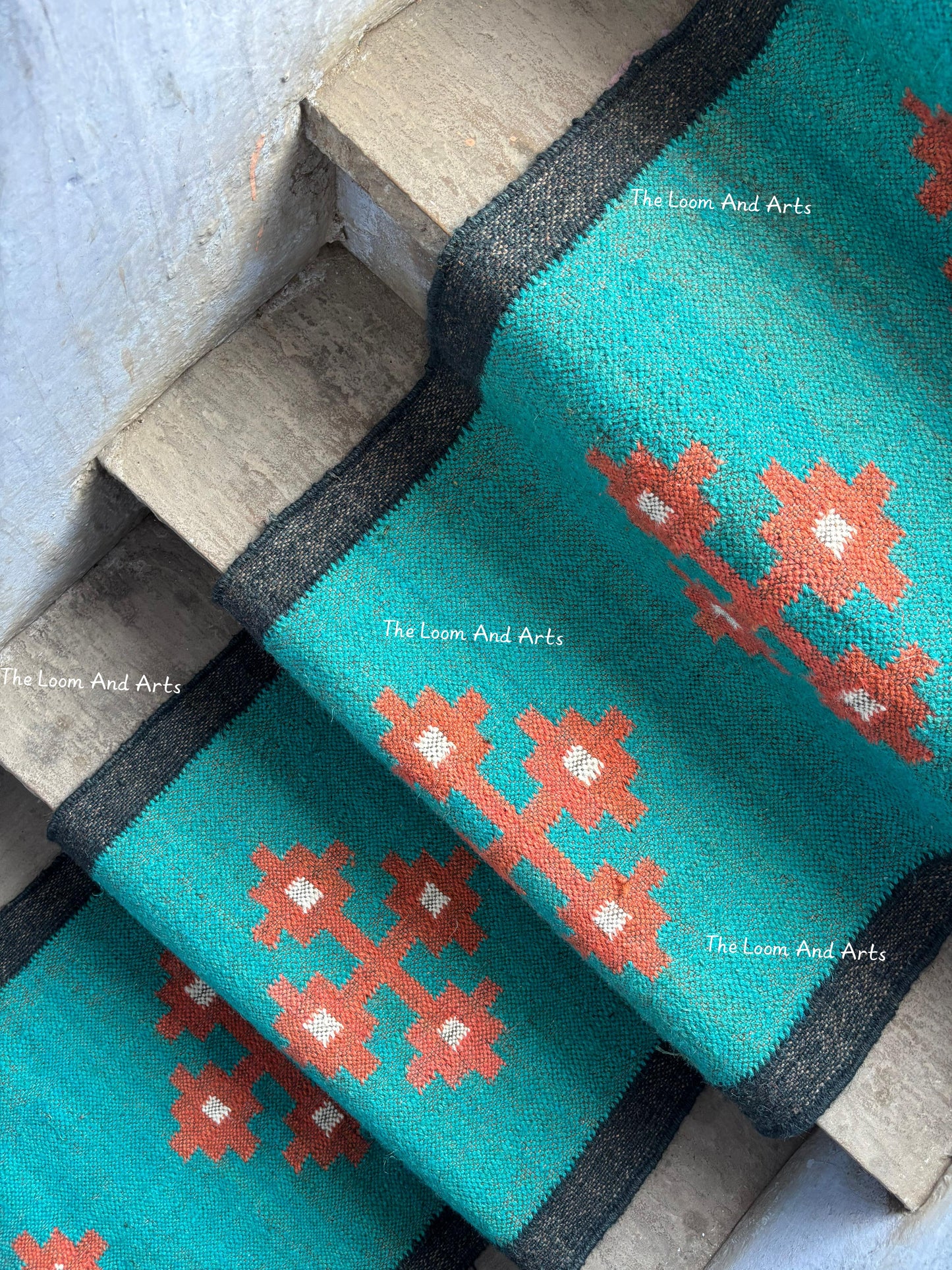 Sky Blue Jute Stair Runner, Staircase Runner Rug, Floral Stair Runner