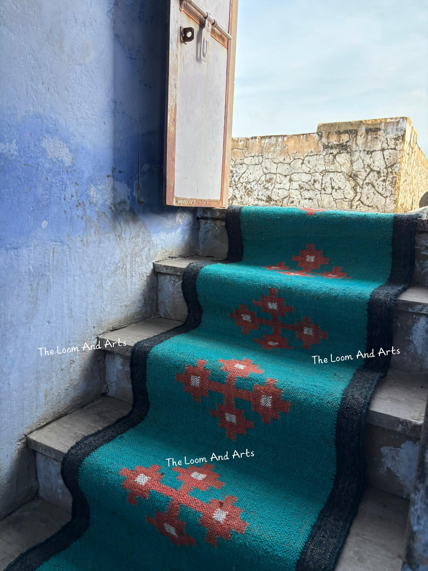 Sky Blue Jute Stair Runner, Staircase Runner Rug, Floral Stair Runner
