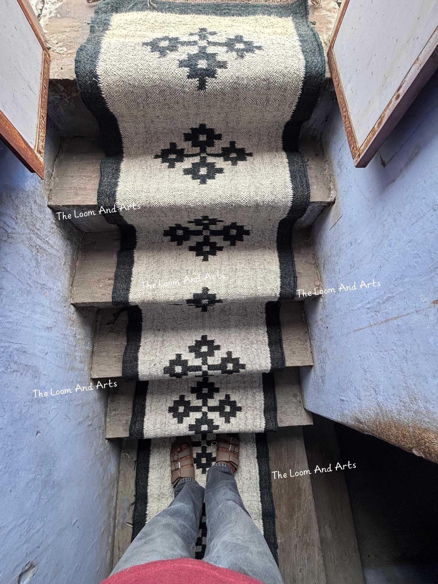 Navy Blue Jute Stair Runner, Staircase Rug, Floral Stair Rug