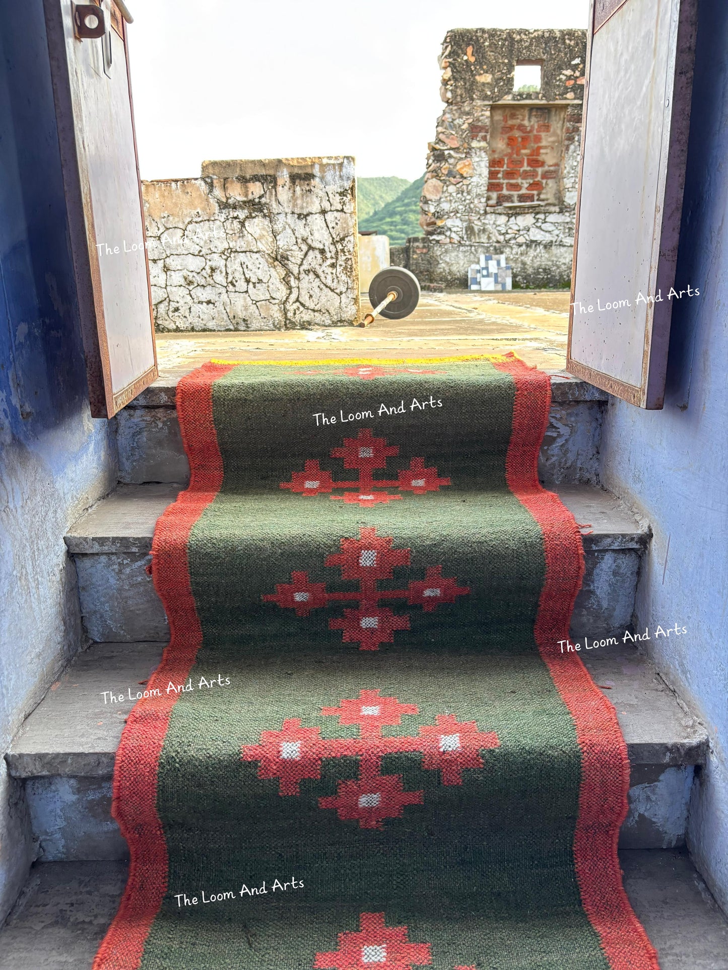Jute Stair Runner, Green Staircase Rug, Floral Stairs Rug