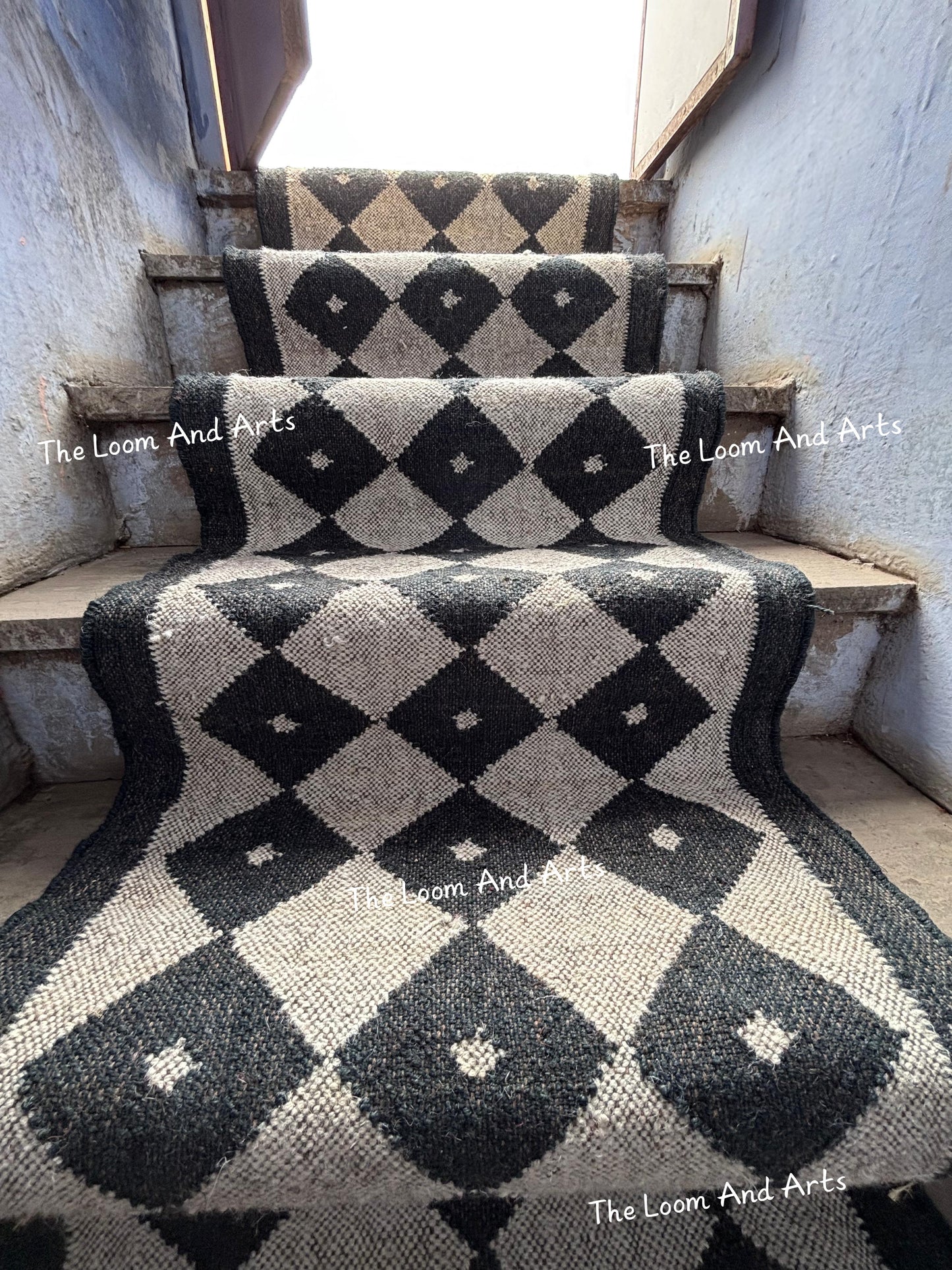 Black And White Jute Stair Runner, Modern Stair Runner, Floral Stair Rug