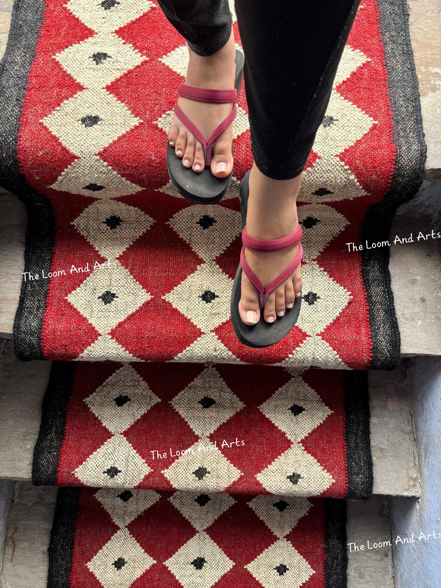 Red Jute Stair Runner, Staircase Runner Rug, Floral Stair Runner