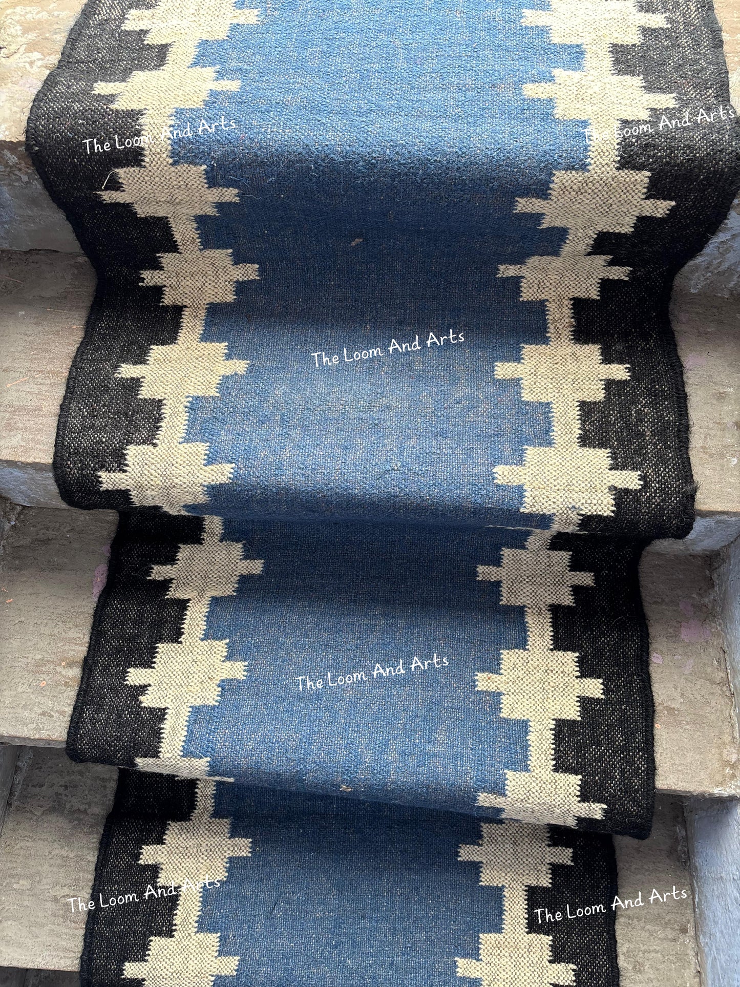 Blue Jute Stair Runner, Staircase Runner Rug, Floral Stair Runner