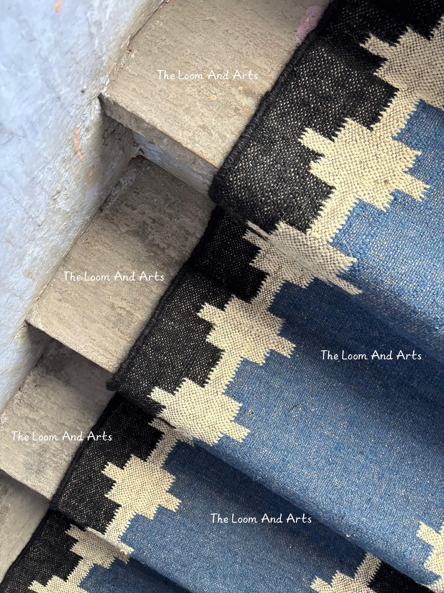 Blue Jute Stair Runner, Staircase Runner Rug, Floral Stair Runner