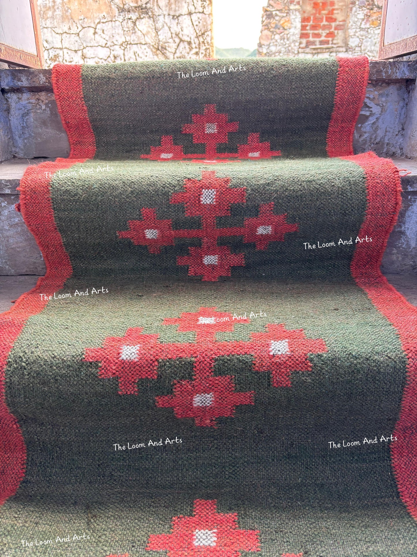 Jute Stair Runner, Green Staircase Rug, Floral Stairs Rug