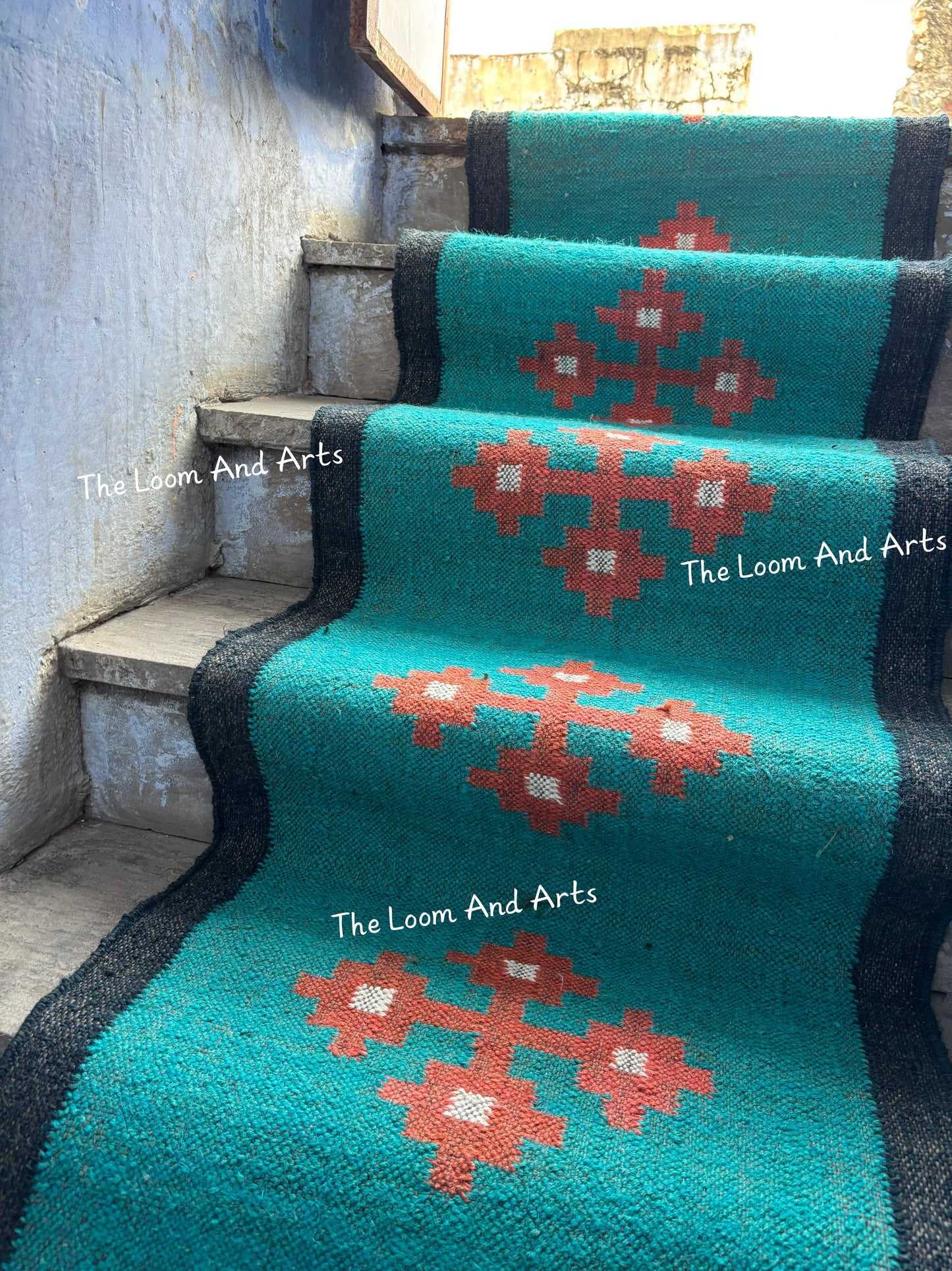 Sky Blue Jute Stair Runner, Staircase Runner Rug, Floral Stair Runner