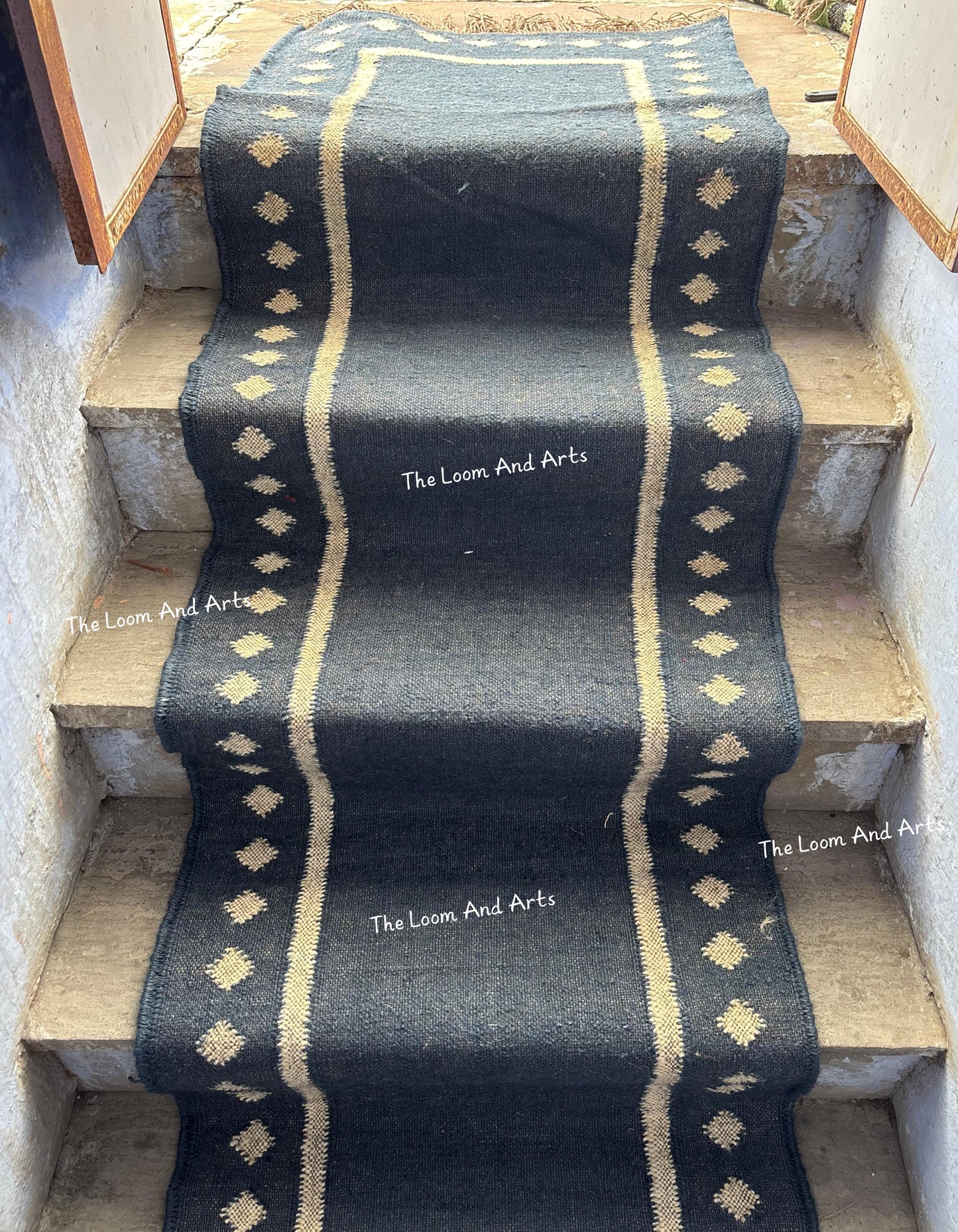 Navy Blue Jute Stair Runner, Staircase Runner Rug, Floral Stair Runner