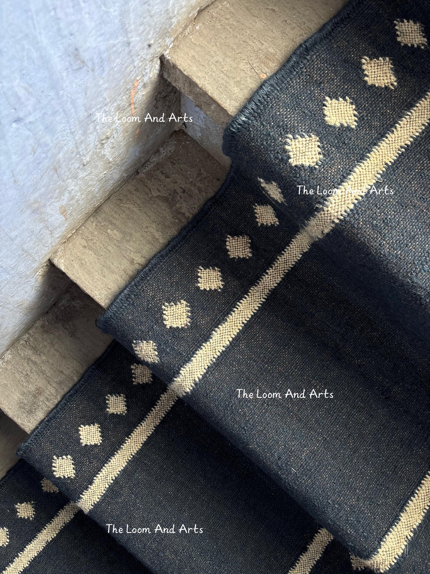 Navy Blue Jute Stair Runner, Staircase Runner Rug, Floral Stair Runner