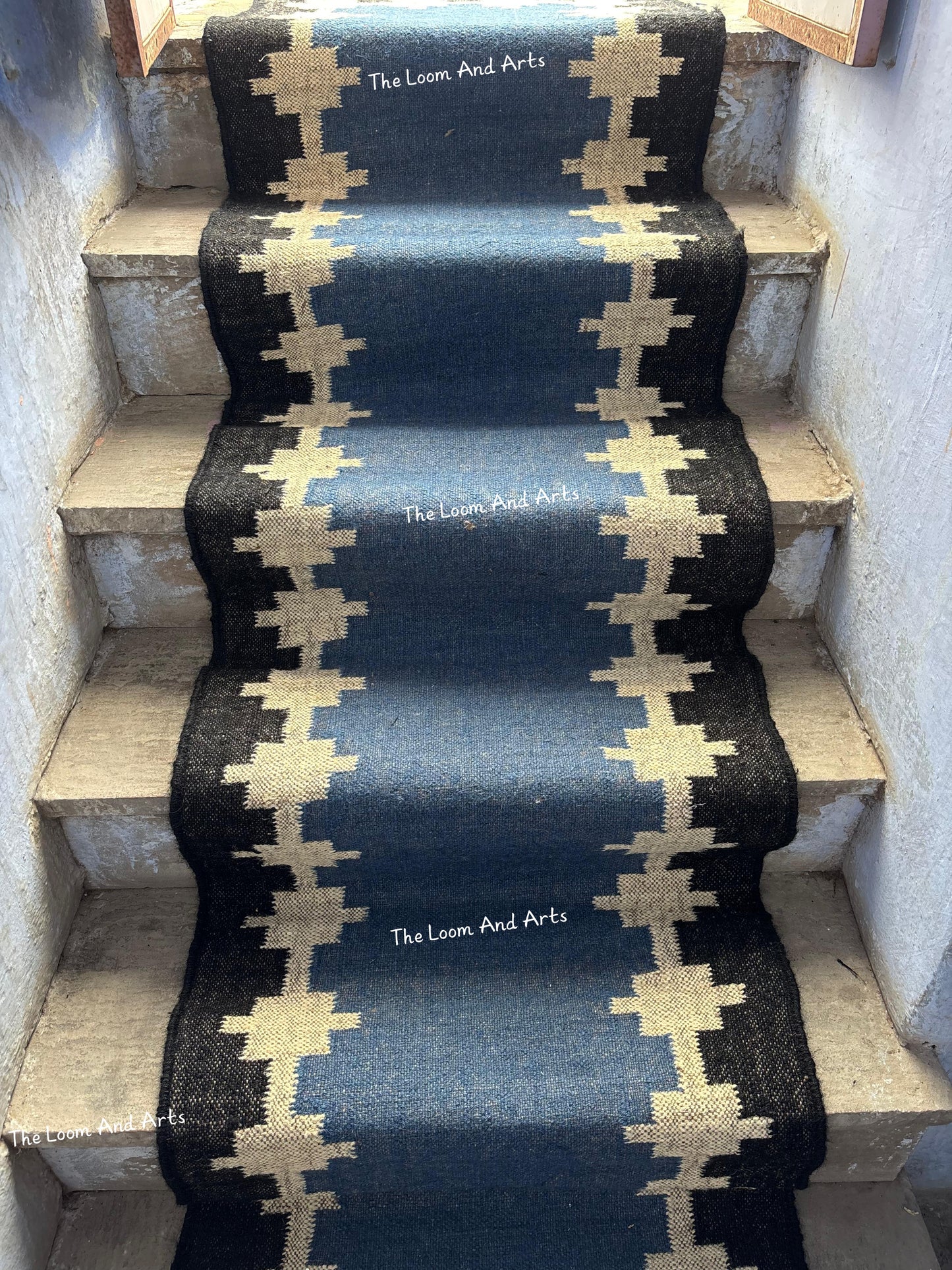 Blue Jute Stair Runner, Staircase Runner Rug, Floral Stair Runner
