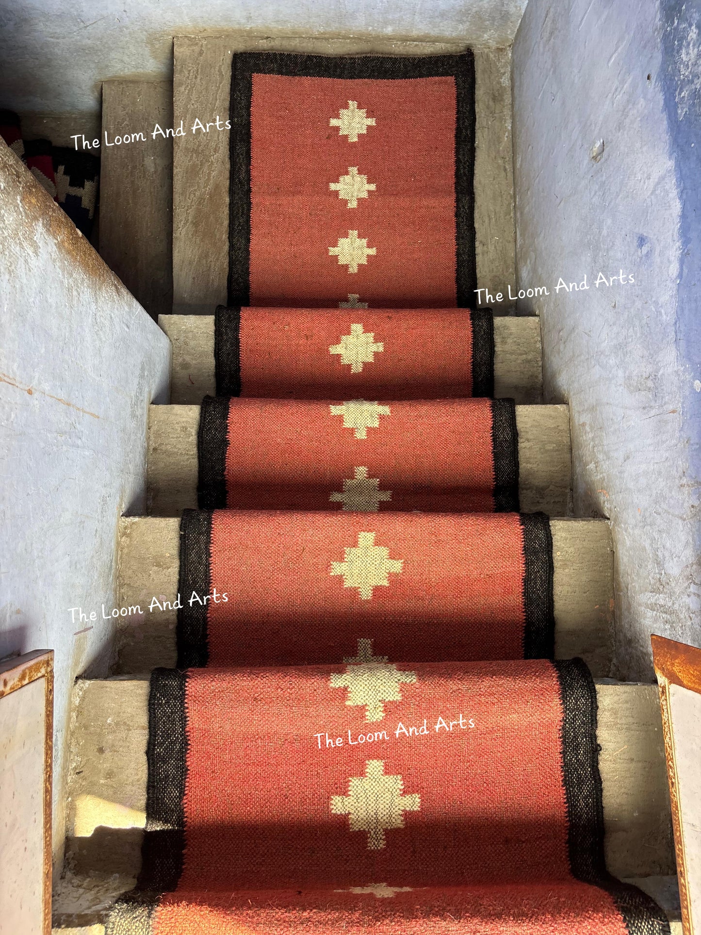 Red Jute Stair Runner, Staircase Runner Rug, Floral Stair Runner