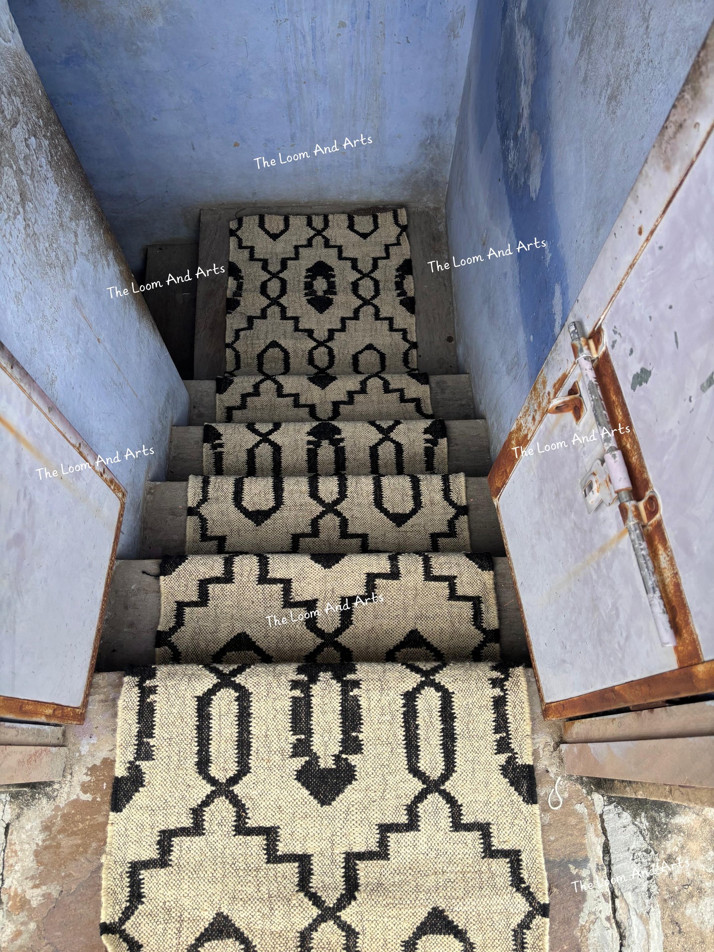 Jute Stair Runner, Black Staircase Rug, Floral Stair Rug