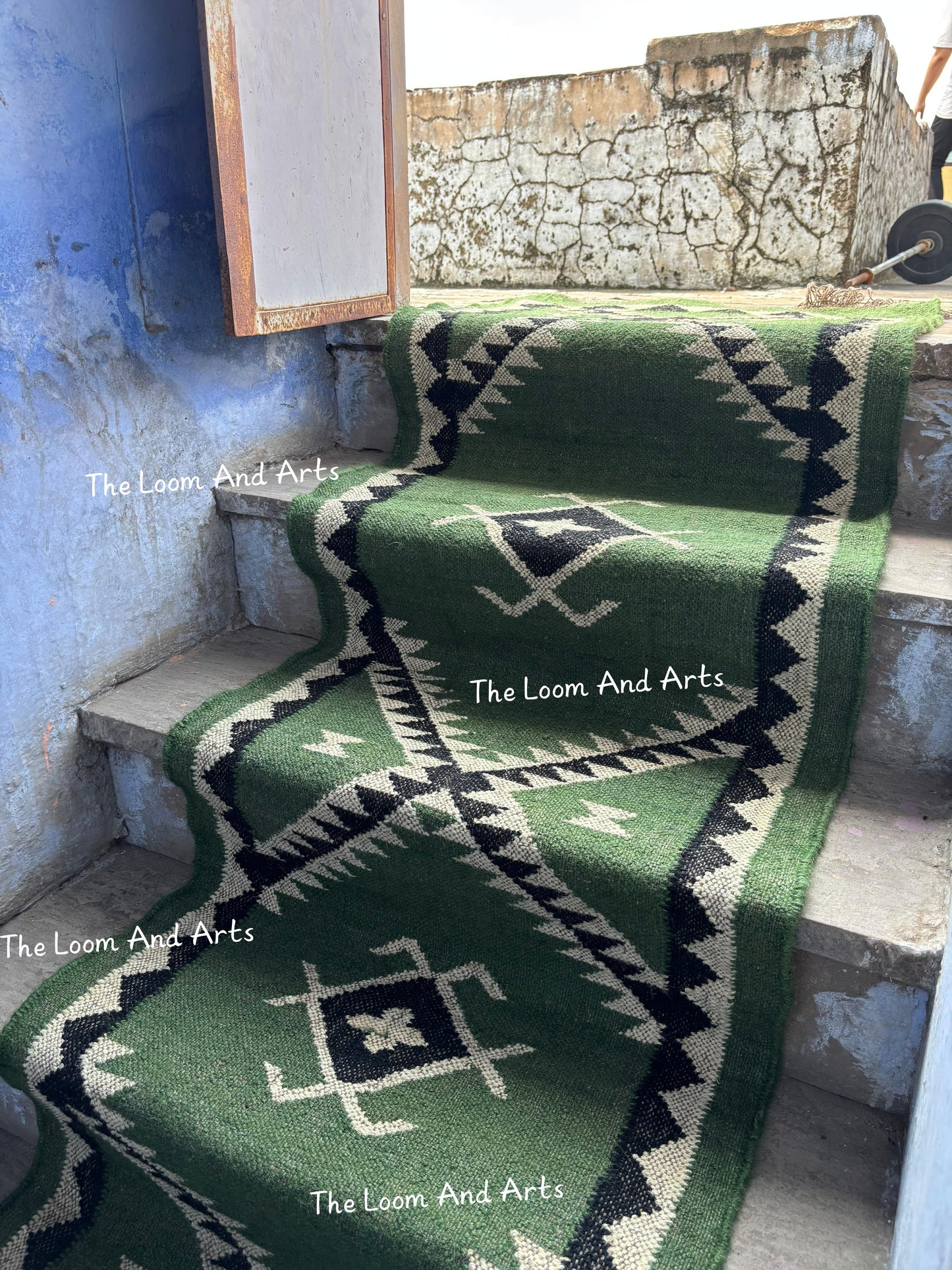 Green Jute Stair Runner, Staircase Runner Rug, Tribal Stair Runner