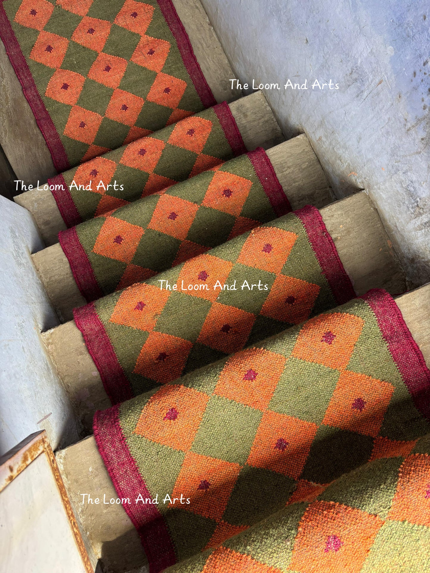 Green Jute Stair Runner, Staircase Runner Rug, Tribal Stair Runner