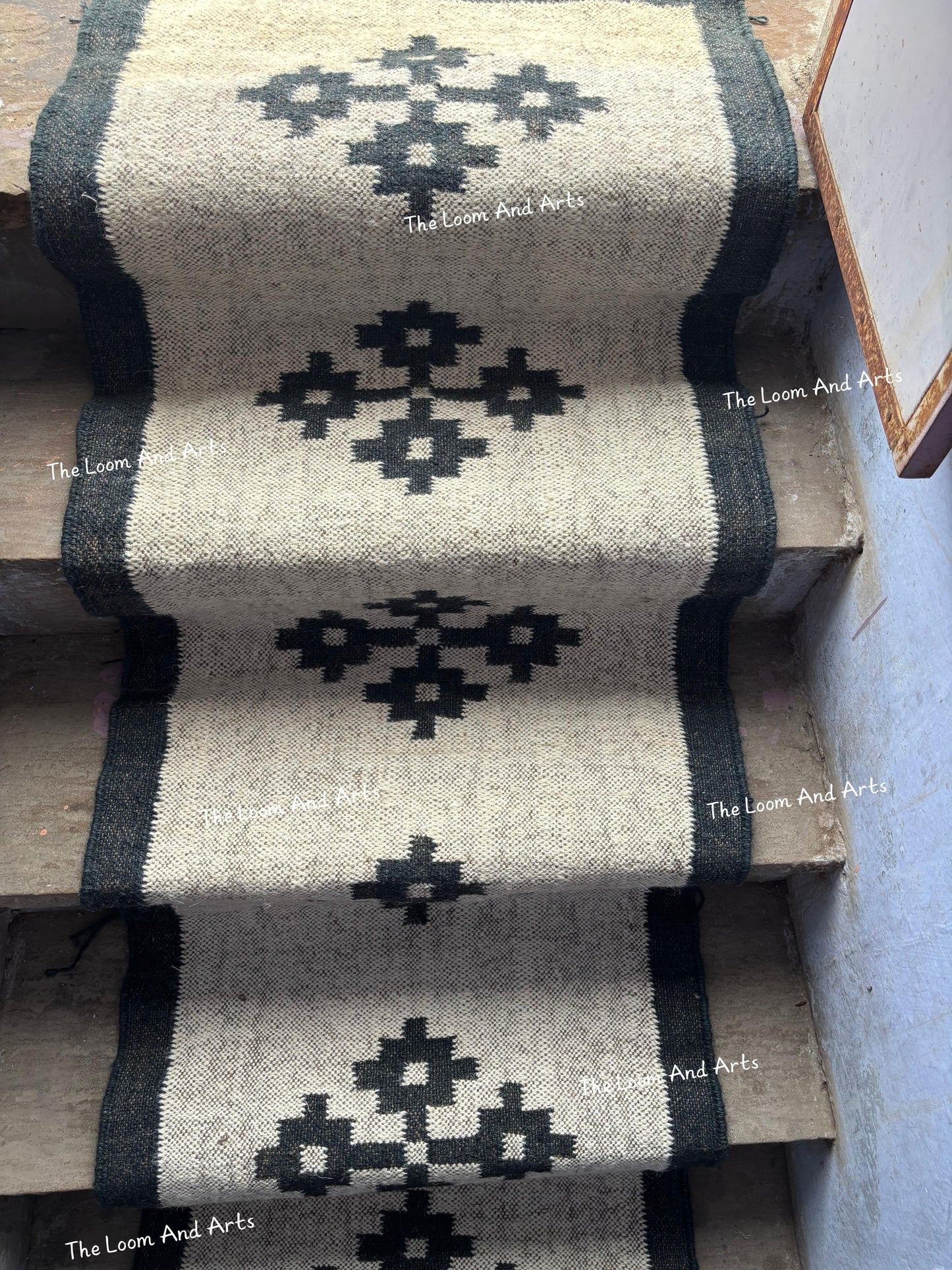 Navy Blue Jute Stair Runner, Staircase Rug, Floral Stair Rug