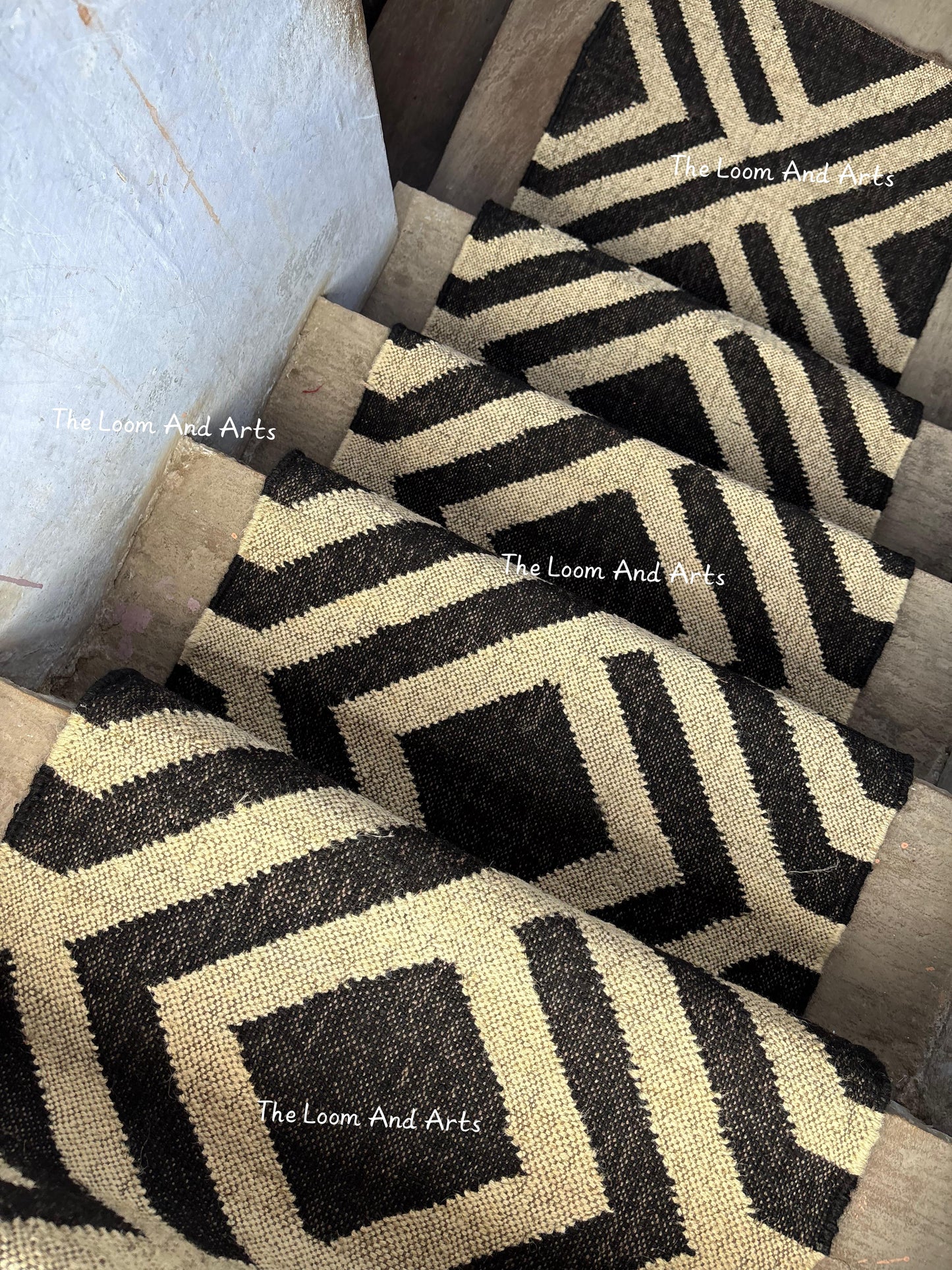 Black And White Jute Stair Runner, Modern Stair Runner, Floral Stair Rug