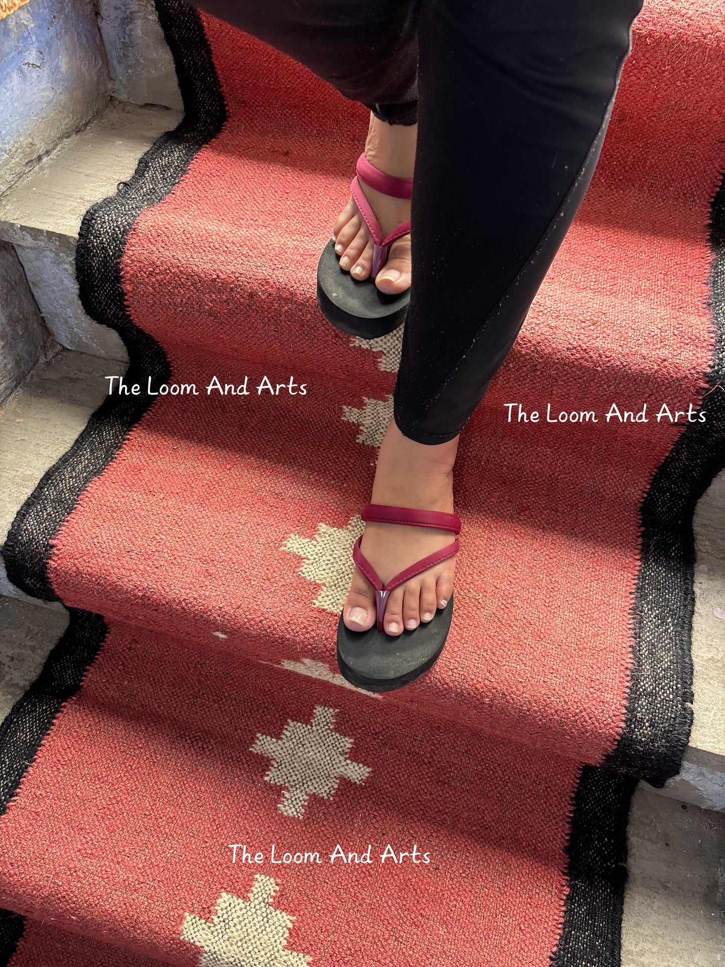 Red Jute Stair Runner, Staircase Runner Rug, Floral Stair Runner