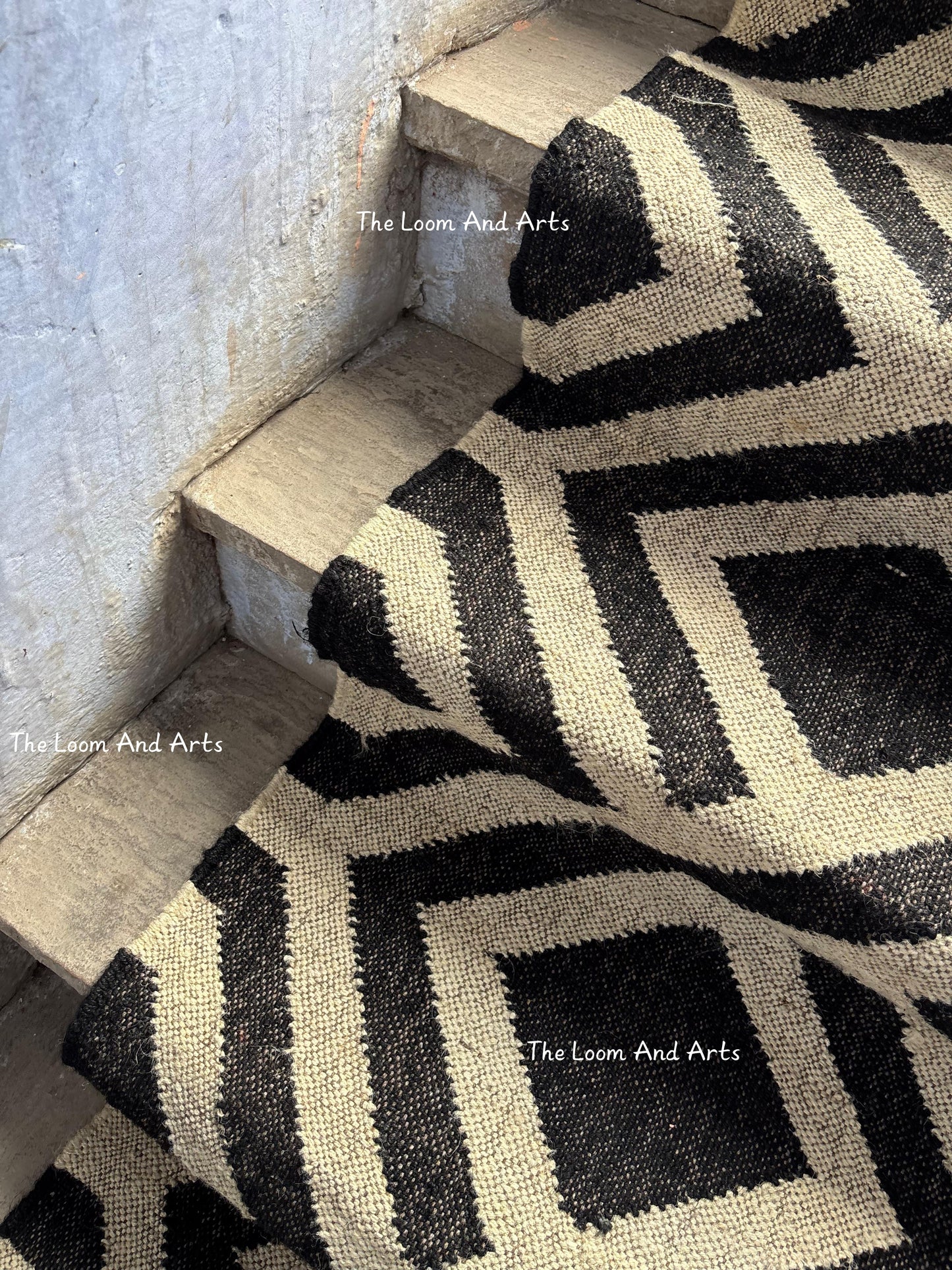 Black And White Jute Stair Runner, Modern Stair Runner, Floral Stair Rug