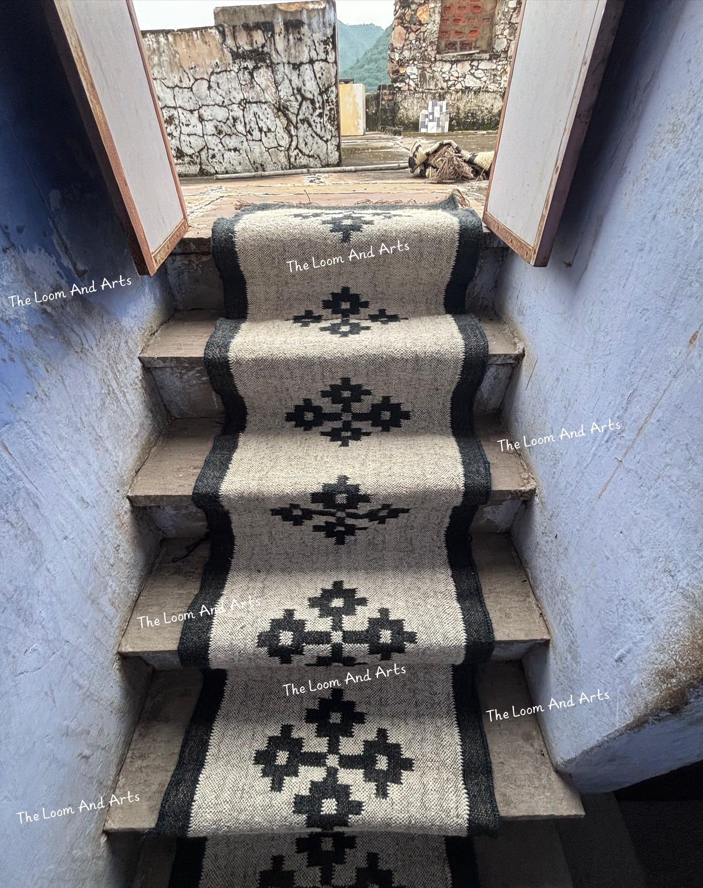 Navy Blue Jute Stair Runner, Staircase Rug, Floral Stair Rug