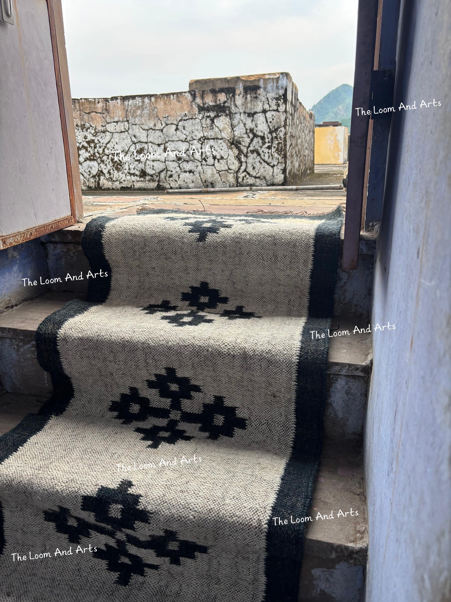 Navy Blue Jute Stair Runner, Staircase Rug, Floral Stair Rug