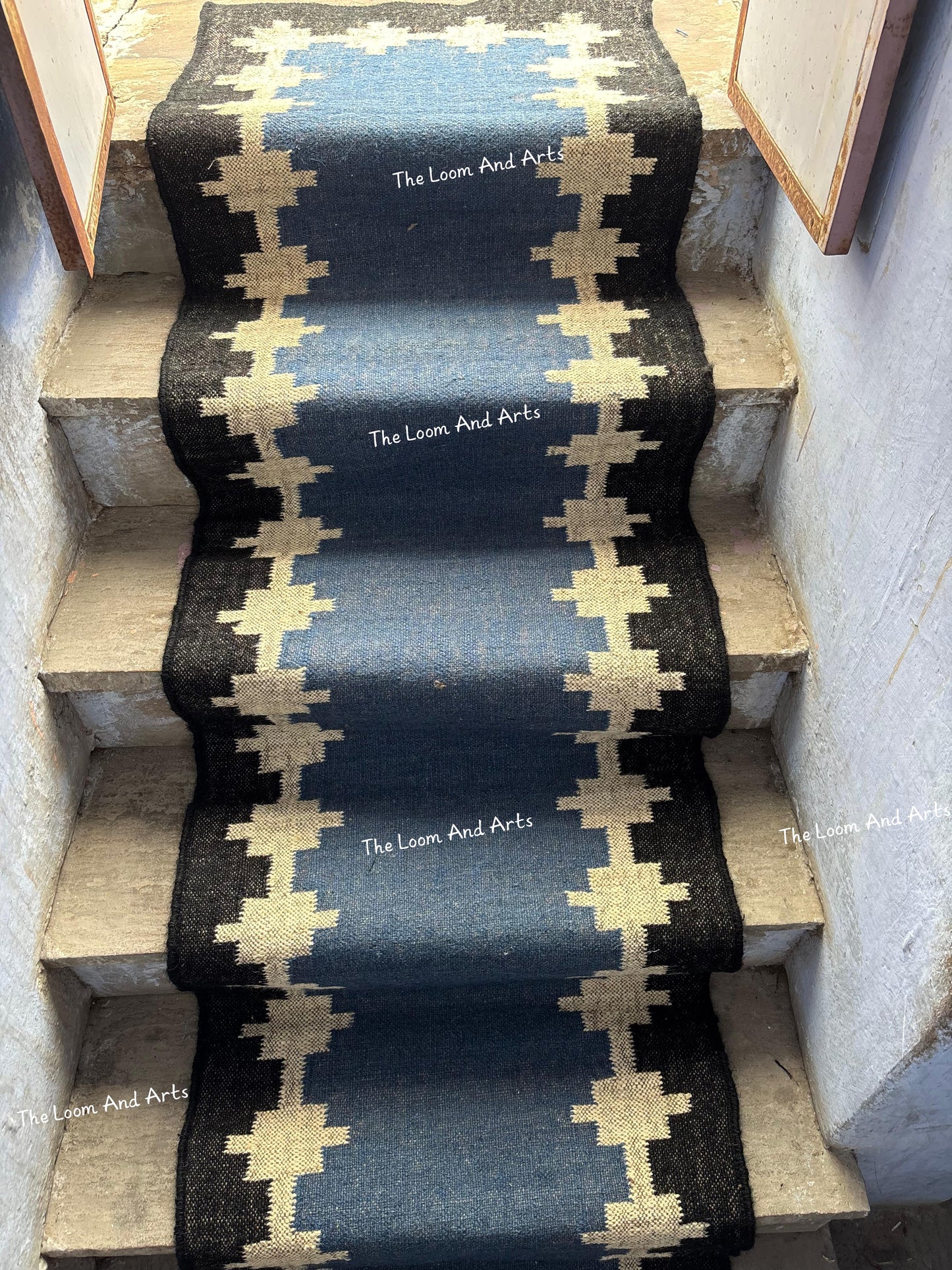 Blue Jute Stair Runner, Staircase Runner Rug, Floral Stair Runner