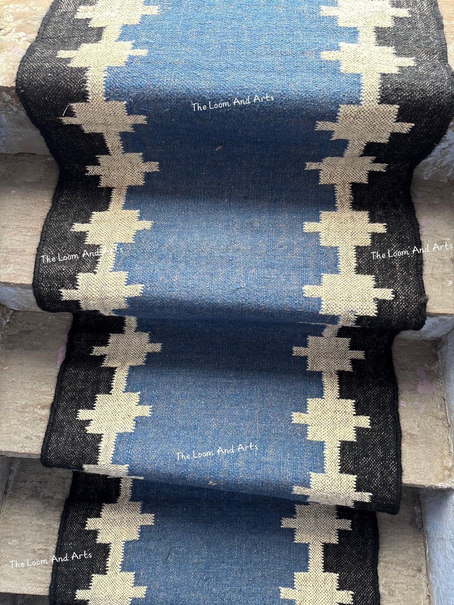 Blue Jute Stair Runner, Staircase Runner Rug, Floral Stair Runner