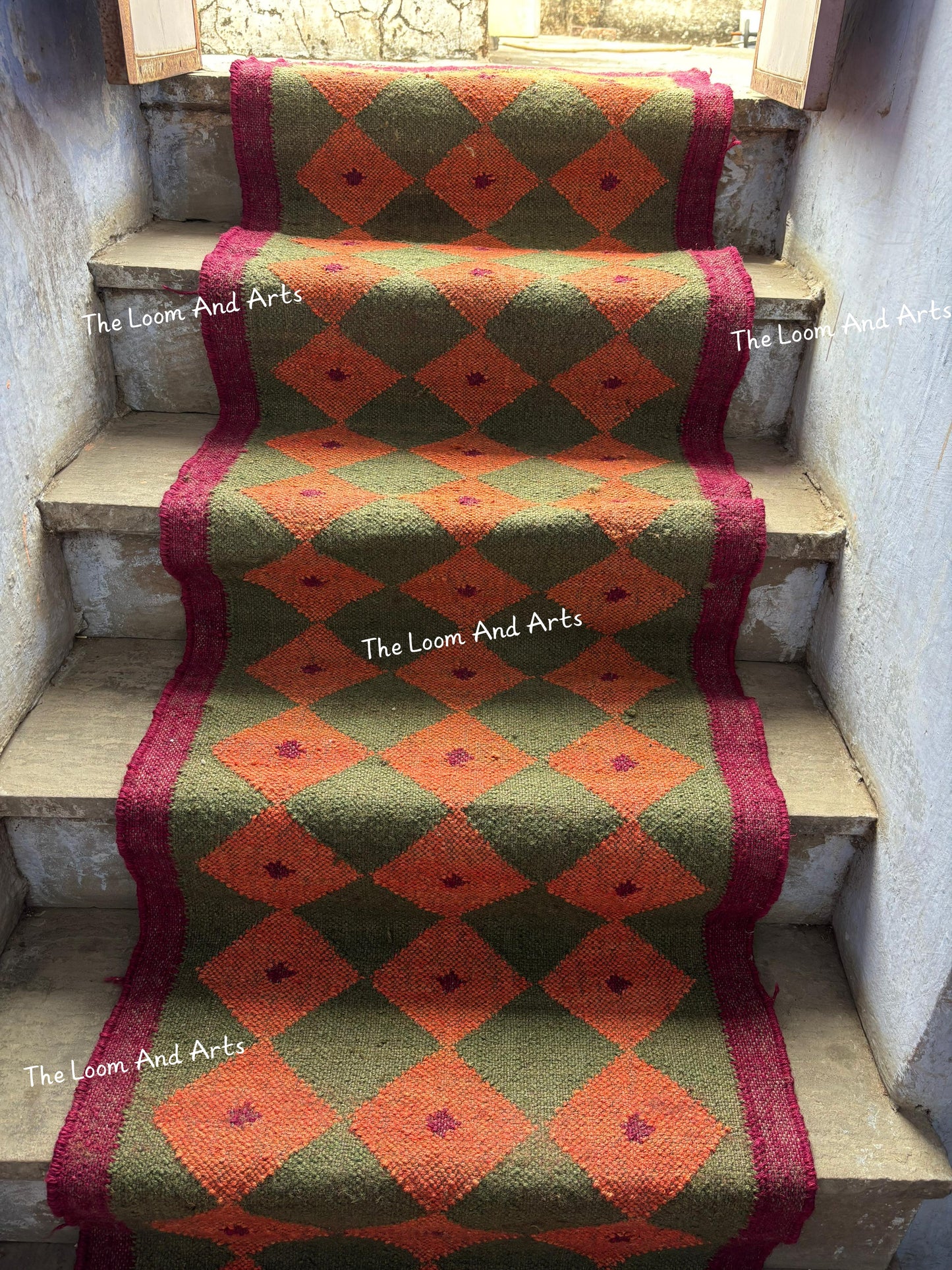 Green Jute Stair Runner, Staircase Runner Rug, Tribal Stair Runner