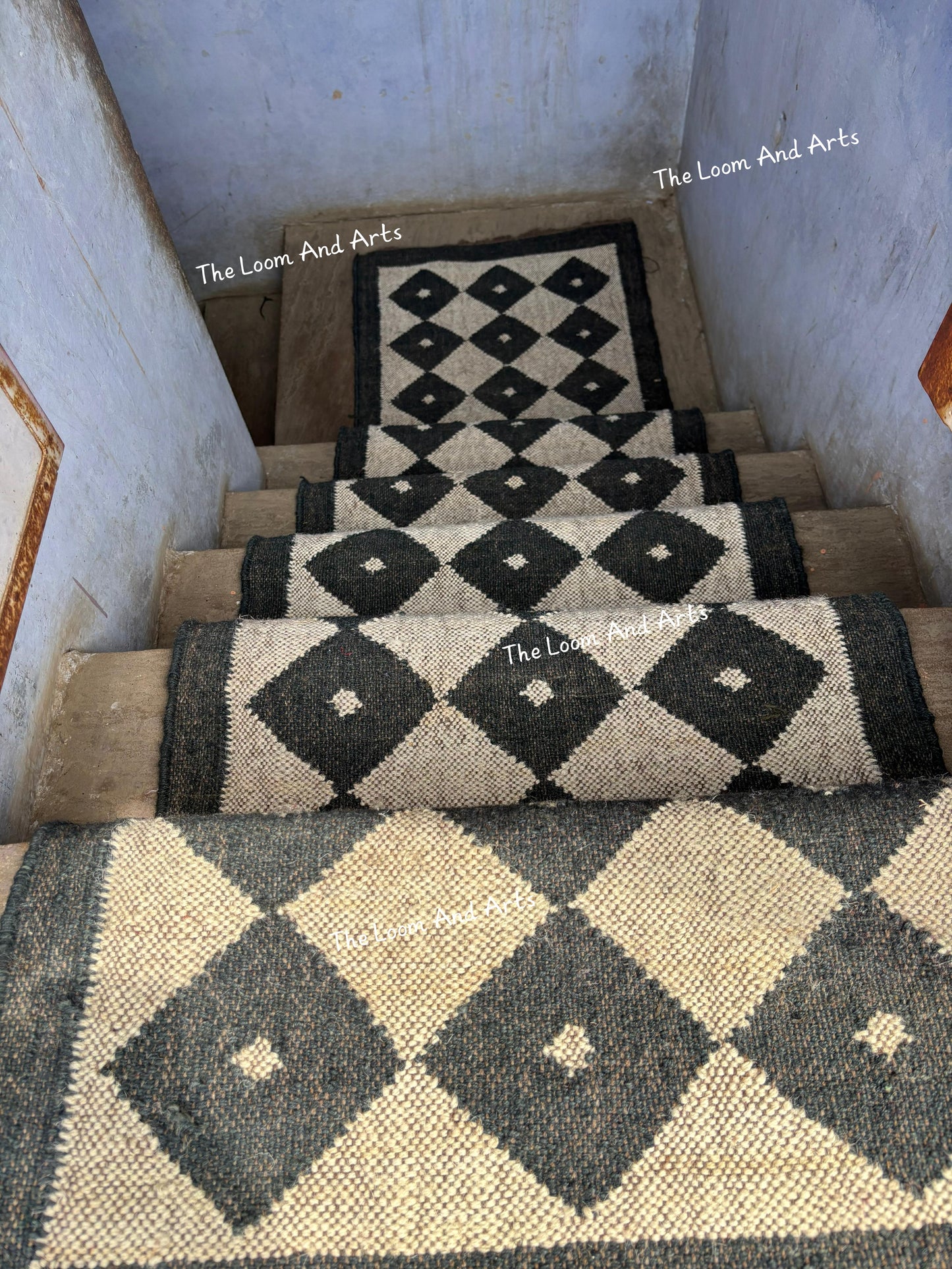 Black And White Jute Stair Runner, Modern Stair Runner, Floral Stair Rug