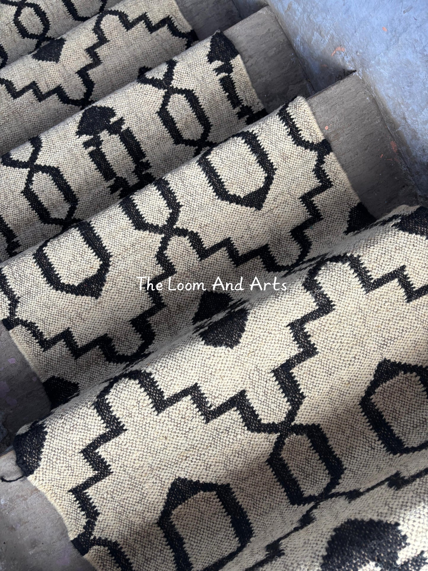 Jute Stair Runner, Black Staircase Rug, Floral Stair Rug