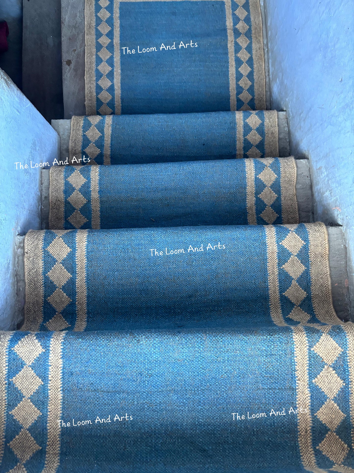Blue Jute Stair Runner, Staircase Runner Rug, Floral Stair Runner