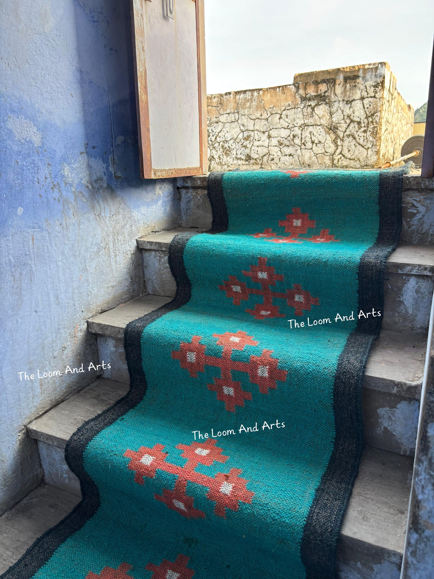 Sky Blue Jute Stair Runner, Staircase Runner Rug, Floral Stair Runner