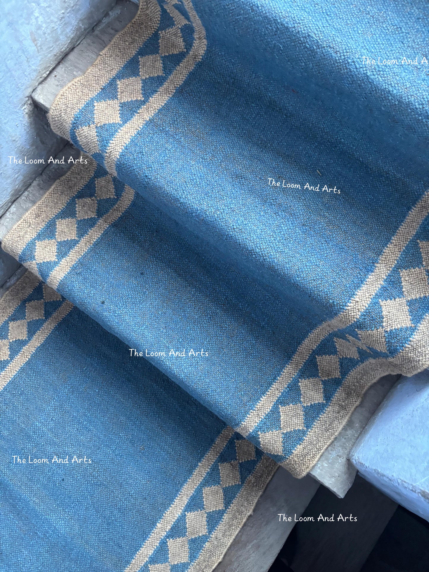 Blue Jute Stair Runner, Staircase Runner Rug, Floral Stair Runner