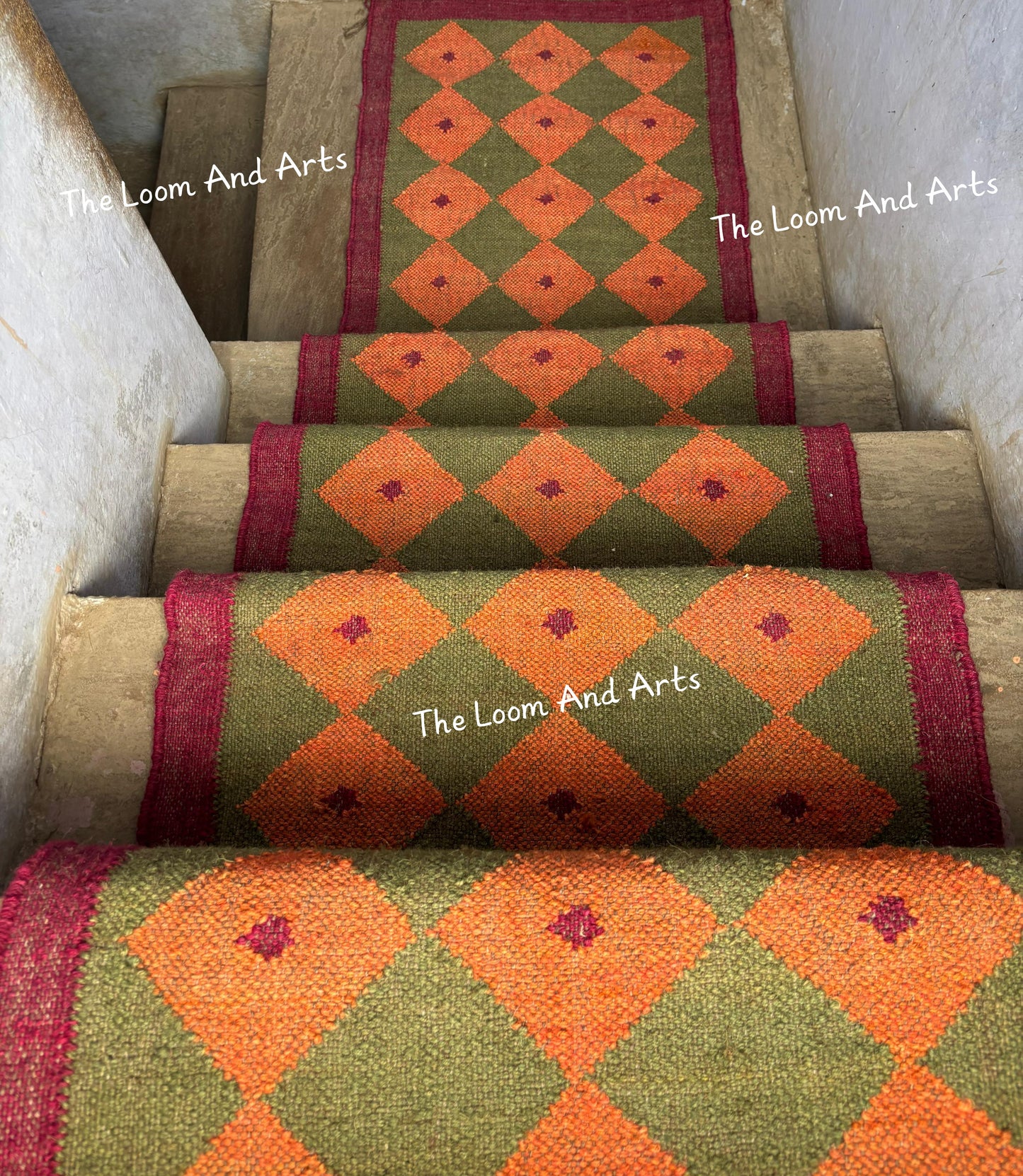 Green Jute Stair Runner, Staircase Runner Rug, Tribal Stair Runner